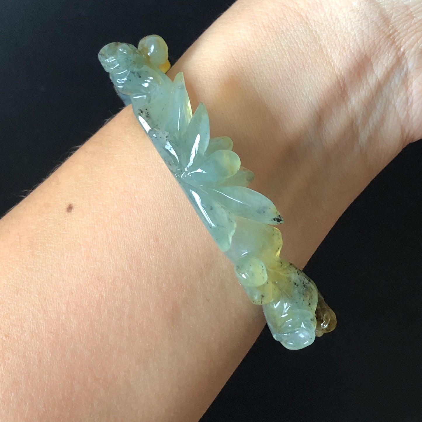 57.8mm Xiu Jade Serpentine Hand Carved Birds & Peony Flower Bangle: Natural Yellow Green Jade Handcrafted Bracelet, Stone Carving Jewelry