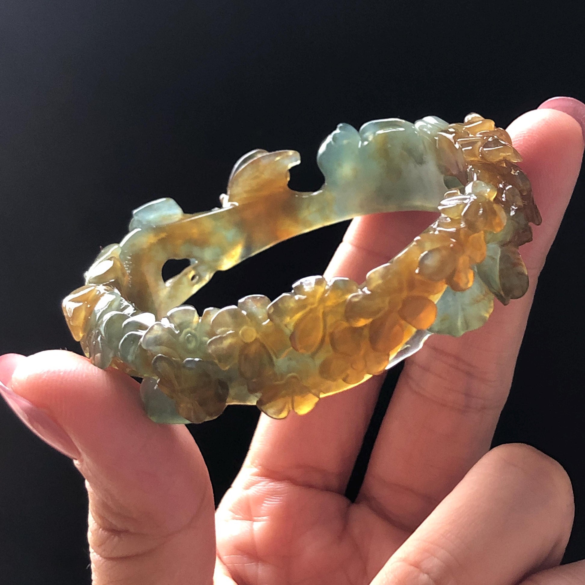 52.5mm Xiu Jade Serpentine Hand Carved Kitten Cat with Butterfly Bangle: Natural Yellow Greenish Blue Jade Handcrafted Bracelet, Stone Carving Gemstone Jewellery Gift for her wide jade bangle jade carving hand engraved stone carving natural untreated jade bracelet green jade yellow jade brown jade blue jade handcraft jade cat carving kitten carving flower carving chinese jade vintage bangle antique bracelet