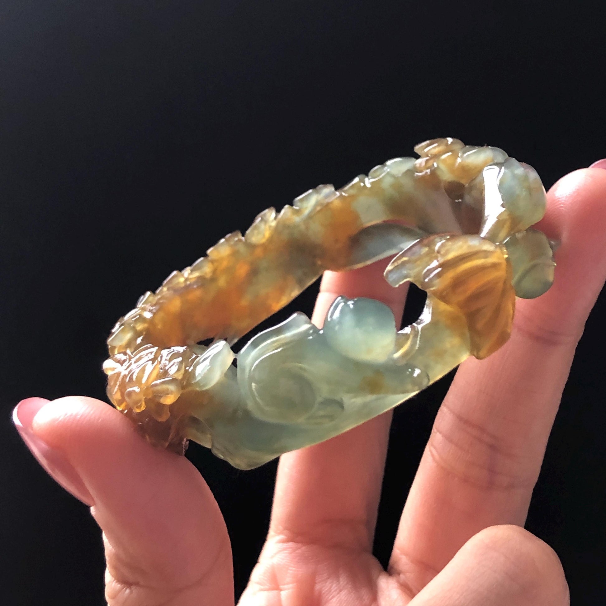 52.5mm Xiu Jade Serpentine Hand Carved Kitten Cat with Butterfly Bangle: Natural Yellow Greenish Blue Jade Handcrafted Bracelet, Stone Carving Gemstone Jewellery Gift for her wide jade bangle jade carving hand engraved stone carving natural untreated jade bracelet green jade yellow jade brown jade blue jade handcraft jade cat carving kitten carving flower carving chinese jade vintage bangle antique bracelet