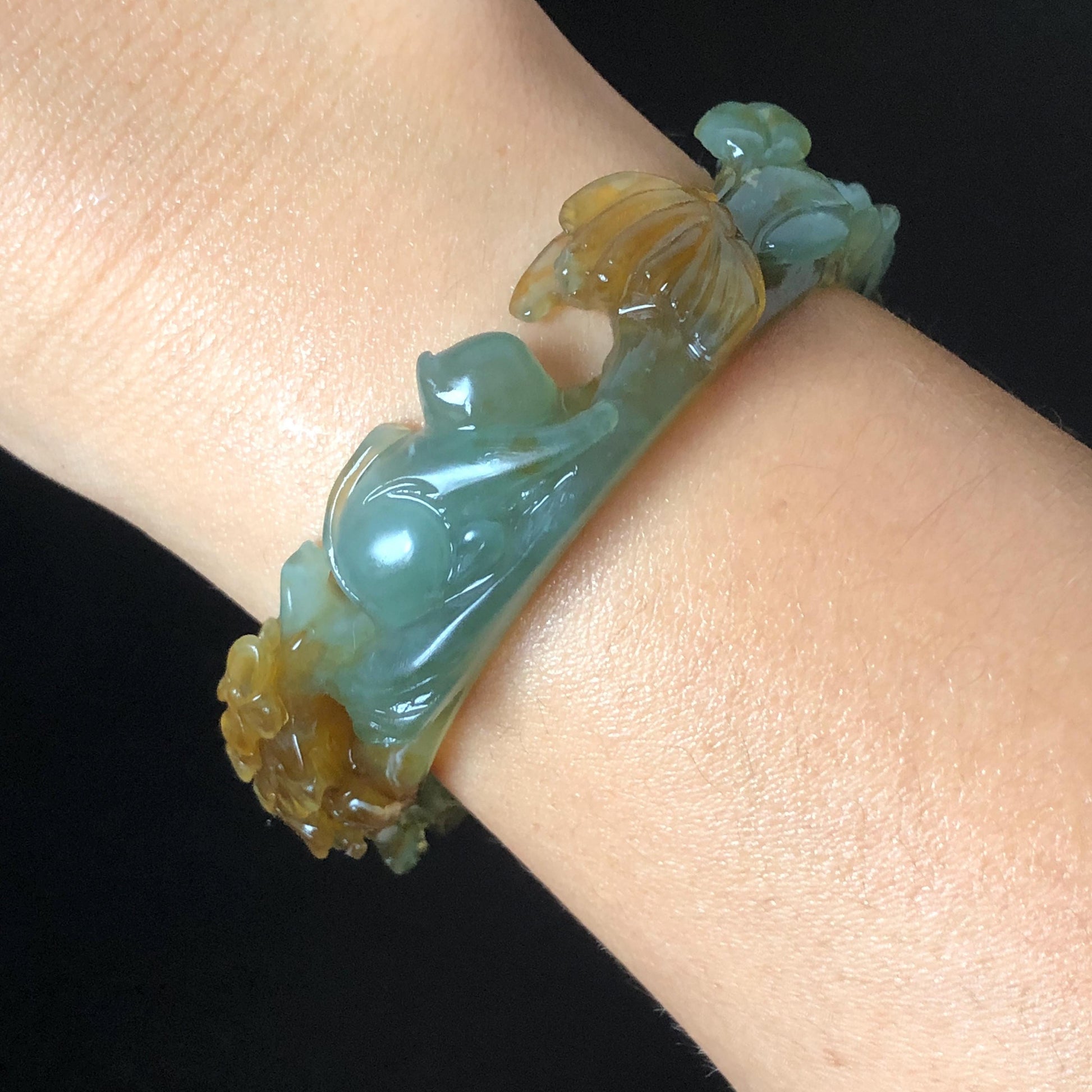 52.5mm Xiu Jade Serpentine Hand Carved Kitten Cat with Butterfly Bangle: Natural Yellow Greenish Blue Jade Handcrafted Bracelet, Stone Carving Gemstone Jewellery Gift for her wide jade bangle jade carving hand engraved stone carving natural untreated jade bracelet green jade yellow jade brown jade blue jade handcraft jade cat carving kitten carving flower carving chinese jade vintage bangle antique bracelet