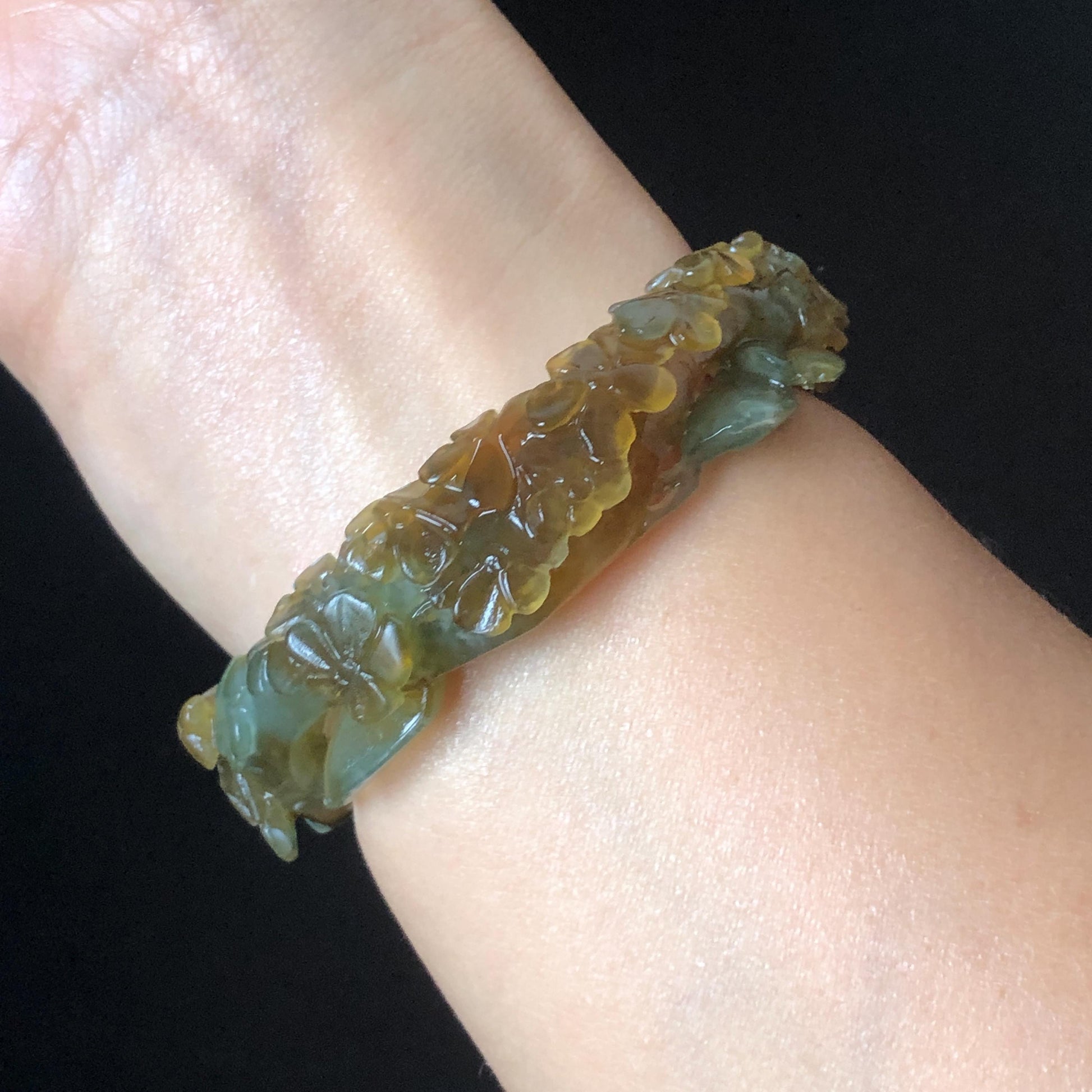 52.5mm Xiu Jade Serpentine Hand Carved Kitten Cat with Butterfly Bangle: Natural Yellow Greenish Blue Jade Handcrafted Bracelet, Stone Carving Gemstone Jewellery Gift for her wide jade bangle jade carving hand engraved stone carving natural untreated jade bracelet green jade yellow jade brown jade blue jade handcraft jade cat carving kitten carving flower carving chinese jade vintage bangle antique bracelet