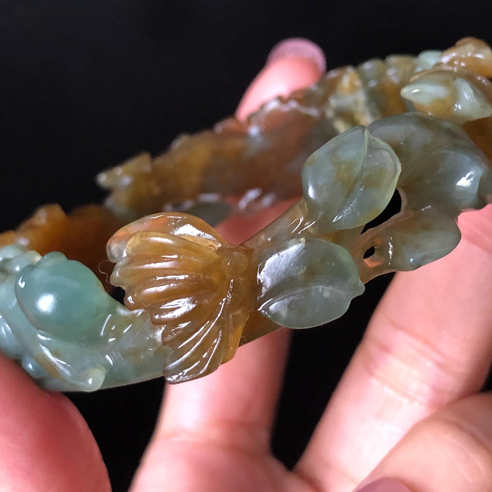 52.5mm Xiu Jade Serpentine Hand Carved Kitten Cat with Butterfly Bangle: Natural Yellow Greenish Blue Jade Handcrafted Bracelet, Stone Carving Gemstone Jewellery Gift for her wide jade bangle jade carving hand engraved stone carving natural untreated jade bracelet green jade yellow jade brown jade blue jade handcraft jade cat carving kitten carving flower carving chinese jade vintage bangle antique bracelet