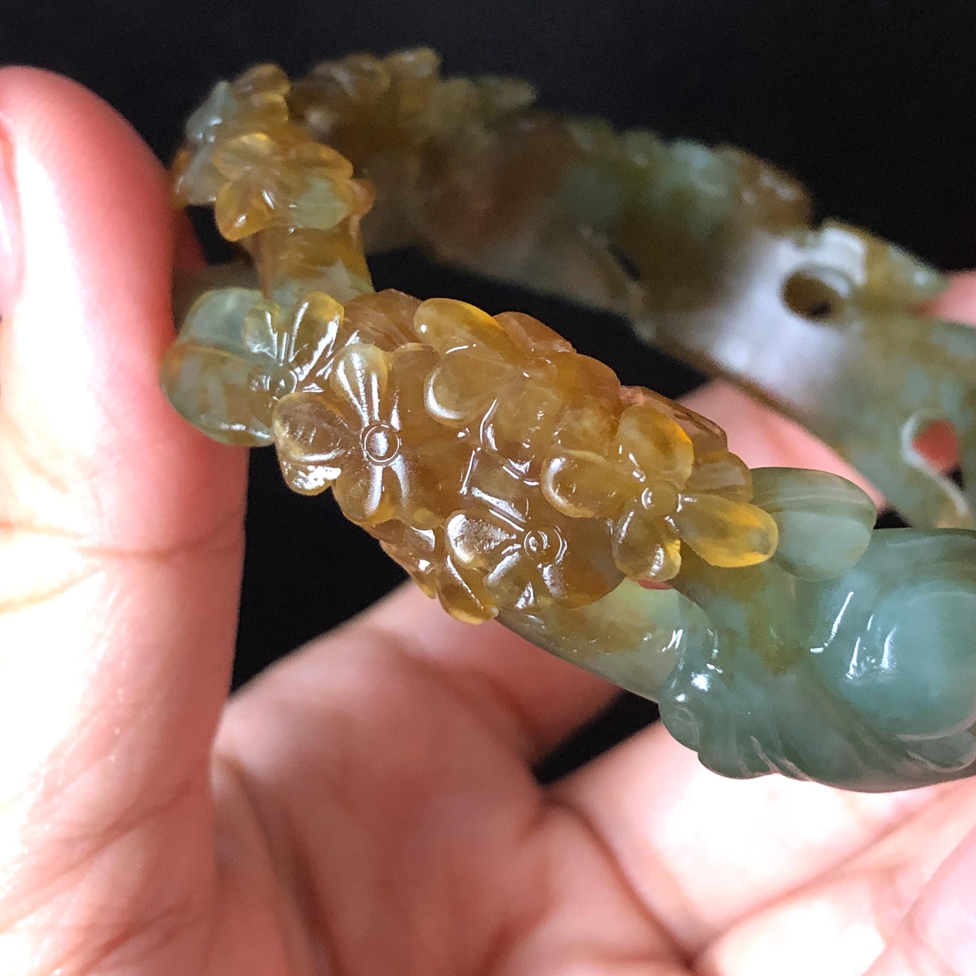 52.5mm Xiu Jade Serpentine Hand Carved Kitten Cat with Butterfly Bangle: Natural Yellow Greenish Blue Jade Handcrafted Bracelet, Stone Carving Gemstone Jewellery Gift for her wide jade bangle jade carving hand engraved stone carving natural untreated jade bracelet green jade yellow jade brown jade blue jade handcraft jade cat carving kitten carving flower carving chinese jade vintage bangle antique bracelet