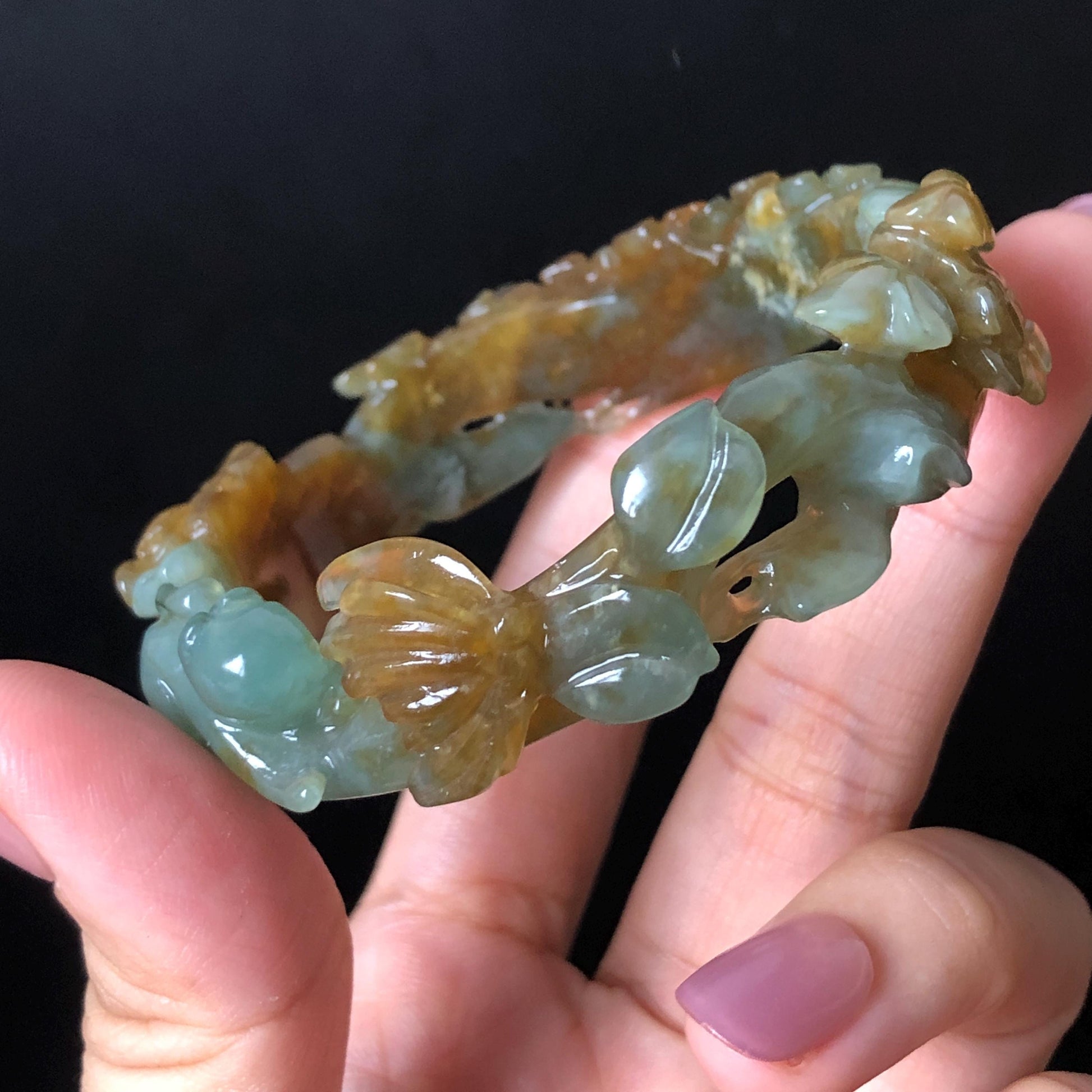 52.5mm Xiu Jade Serpentine Hand Carved Kitten Cat with Butterfly Bangle: Natural Yellow Greenish Blue Jade Handcrafted Bracelet, Stone Carving Gemstone Jewellery Gift for her wide jade bangle jade carving hand engraved stone carving natural untreated jade bracelet green jade yellow jade brown jade blue jade handcraft jade cat carving kitten carving flower carving chinese jade vintage bangle antique bracelet