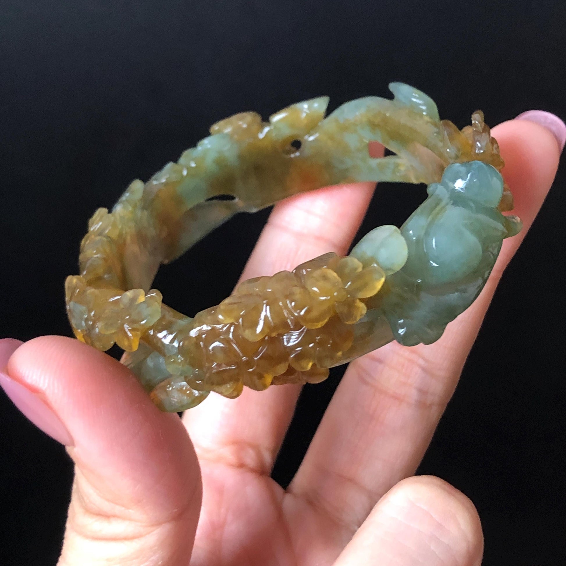 52.5mm Xiu Jade Serpentine Hand Carved Kitten Cat with Butterfly Bangle: Natural Yellow Greenish Blue Jade Handcrafted Bracelet, Stone Carving Gemstone Jewellery Gift for her wide jade bangle jade carving hand engraved stone carving natural untreated jade bracelet green jade yellow jade brown jade blue jade handcraft jade cat carving kitten carving flower carving chinese jade vintage bangle antique bracelet