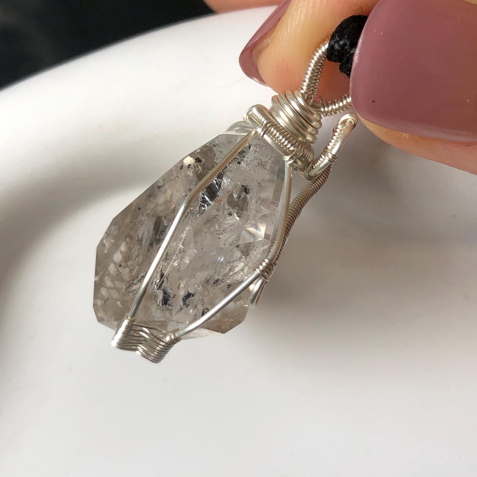 Rare Polished Enhydro Quartz (Herkimer Diamond) Mini Wire Wrapped Pendant Adjustable Necklace: Moving Sand & Black Bubble Inclusion Crystal | Natural Gemstone Birthstone Gift for her enhydro quartz sand water-fall pendant necklace choker gemstone charm stone pendant choker polished stone pendant crystal charm birthstone gift for her men necklace chakra crystal purify stone minerals specimen adjustable choker mica quartz silver wire wrapped pendant inlcusion crystal inclusion quartz jewelry
