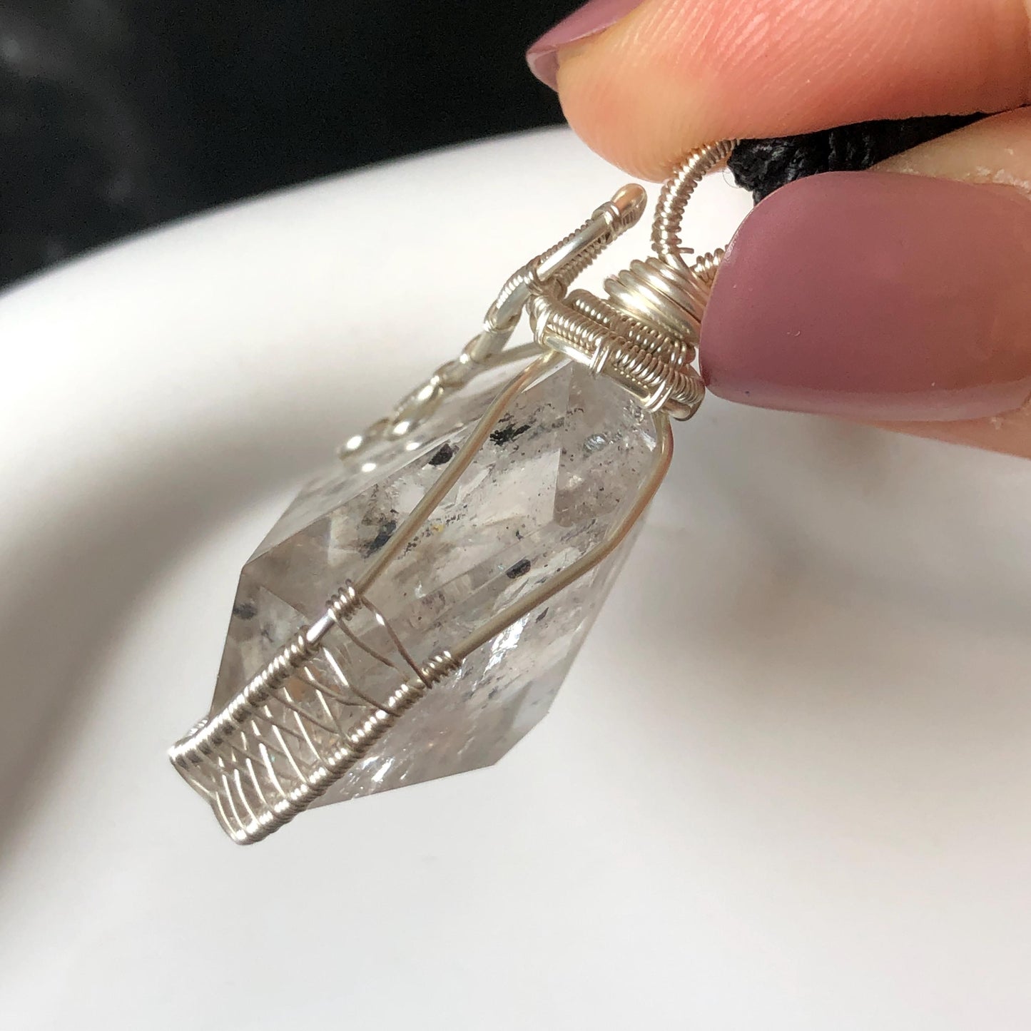 Rare Polished Enhydro Quartz (Herkimer Diamond) Mini Wire Wrapped Pendant Adjustable Necklace: Moving Sand & Black Bubble Inclusion Crystal | Natural Gemstone Birthstone Gift for her enhydro quartz sand water-fall pendant necklace choker gemstone charm stone pendant choker polished stone pendant crystal charm birthstone gift for her men necklace chakra crystal purify stone minerals specimen adjustable choker mica quartz silver wire wrapped pendant inlcusion crystal inclusion quartz jewelry
