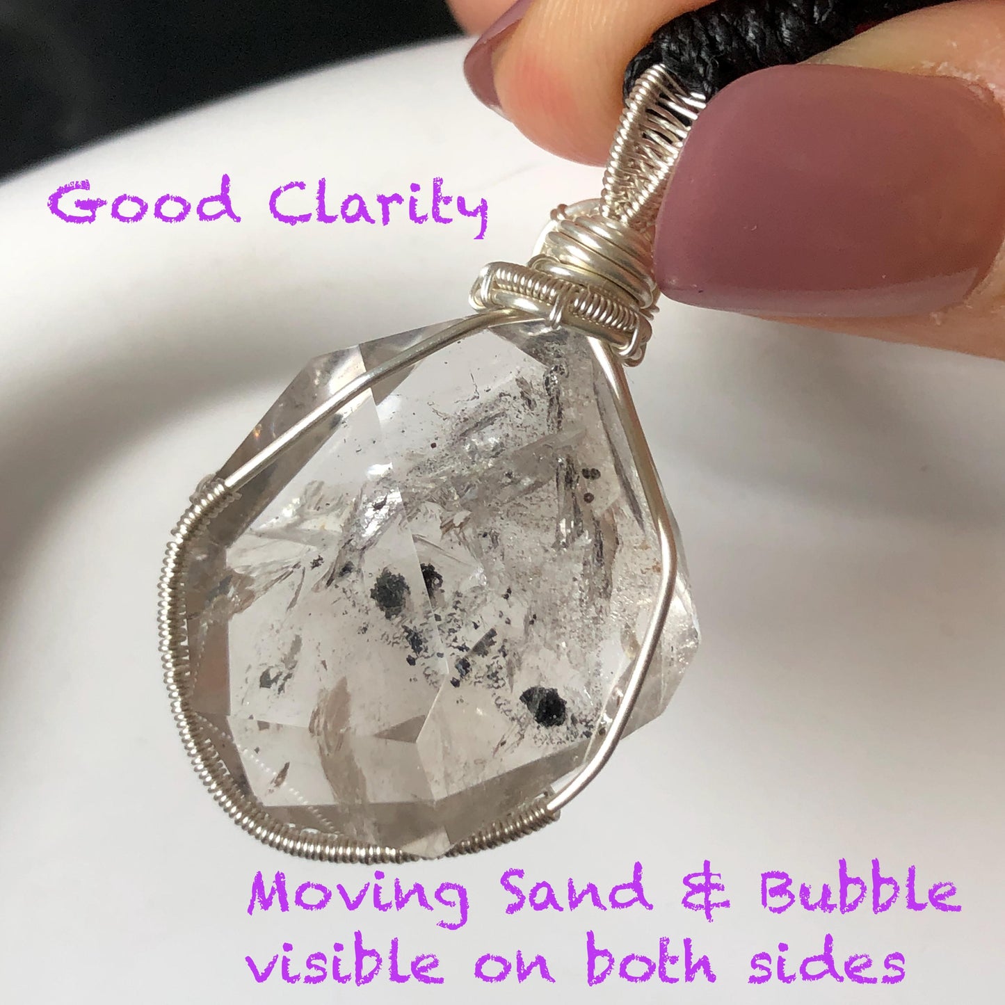 Rare Polished Enhydro Quartz (Herkimer Diamond) Mini Wire Wrapped Pendant Adjustable Necklace: Moving Sand & Black Bubble Inclusion Crystal | Natural Gemstone Birthstone Gift for her enhydro quartz sand water-fall pendant necklace choker gemstone charm stone pendant choker polished stone pendant crystal charm birthstone gift for her men necklace chakra crystal purify stone minerals specimen adjustable choker mica quartz silver wire wrapped pendant inlcusion crystal inclusion quartz jewelry