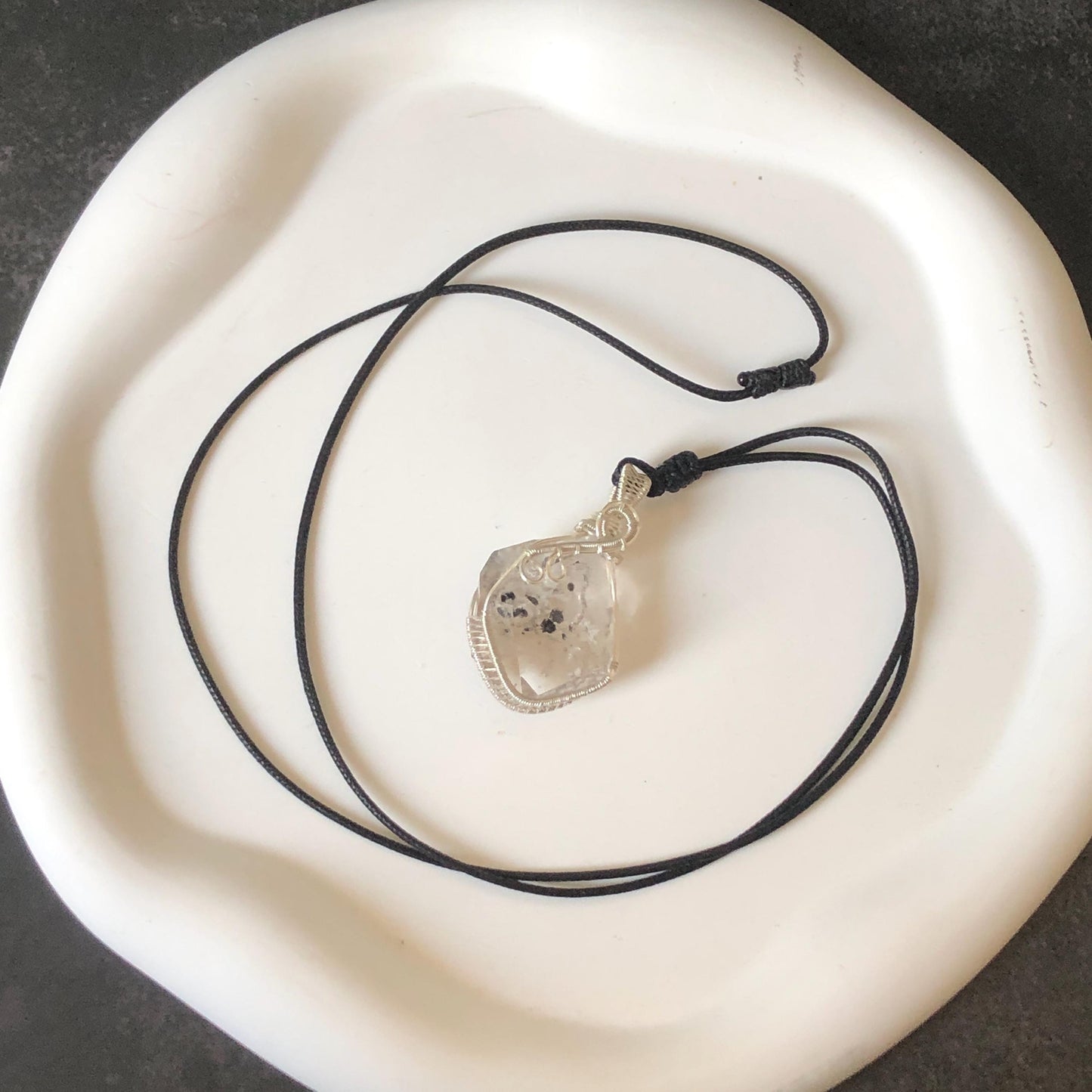 Rare Polished Enhydro Quartz (Herkimer Diamond) Mini Wire Wrapped Pendant Adjustable Necklace: Moving Sand & Black Bubble Inclusion Crystal | Natural Gemstone Birthstone Gift for her enhydro quartz sand water-fall pendant necklace choker gemstone charm stone pendant choker polished stone pendant crystal charm birthstone gift for her men necklace chakra crystal purify stone minerals specimen adjustable choker mica quartz silver wire wrapped pendant inlcusion crystal inclusion quartz jewelry