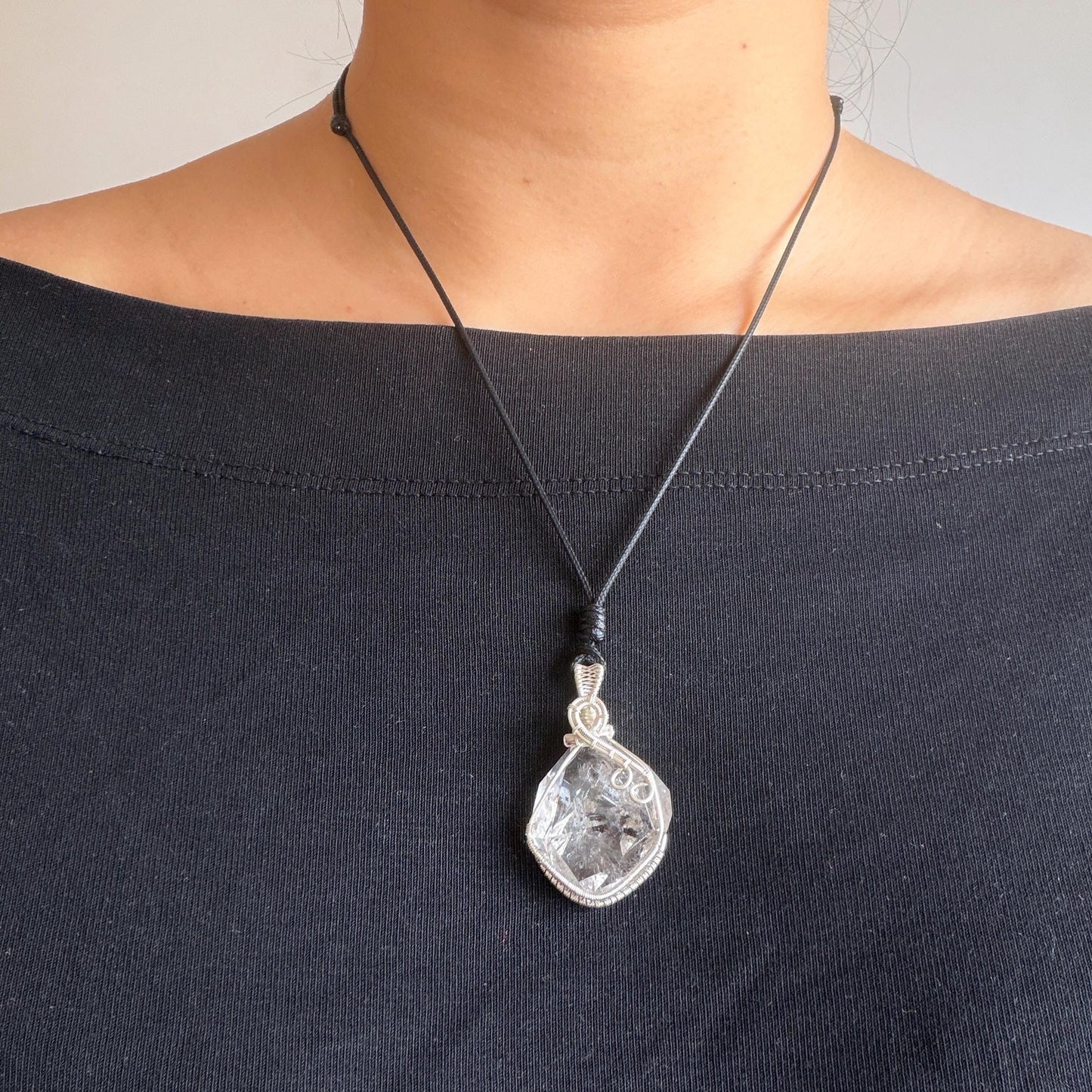 Rare Polished Enhydro Quartz (Herkimer Diamond) Mini Wire Wrapped Pendant Adjustable Necklace: Moving Sand & Black Bubble Inclusion Crystal | Natural Gemstone Birthstone Gift for her enhydro quartz sand water-fall pendant necklace choker gemstone charm stone pendant choker polished stone pendant crystal charm birthstone gift for her men necklace chakra crystal purify stone minerals specimen adjustable choker mica quartz silver wire wrapped pendant inlcusion crystal inclusion quartz jewelry