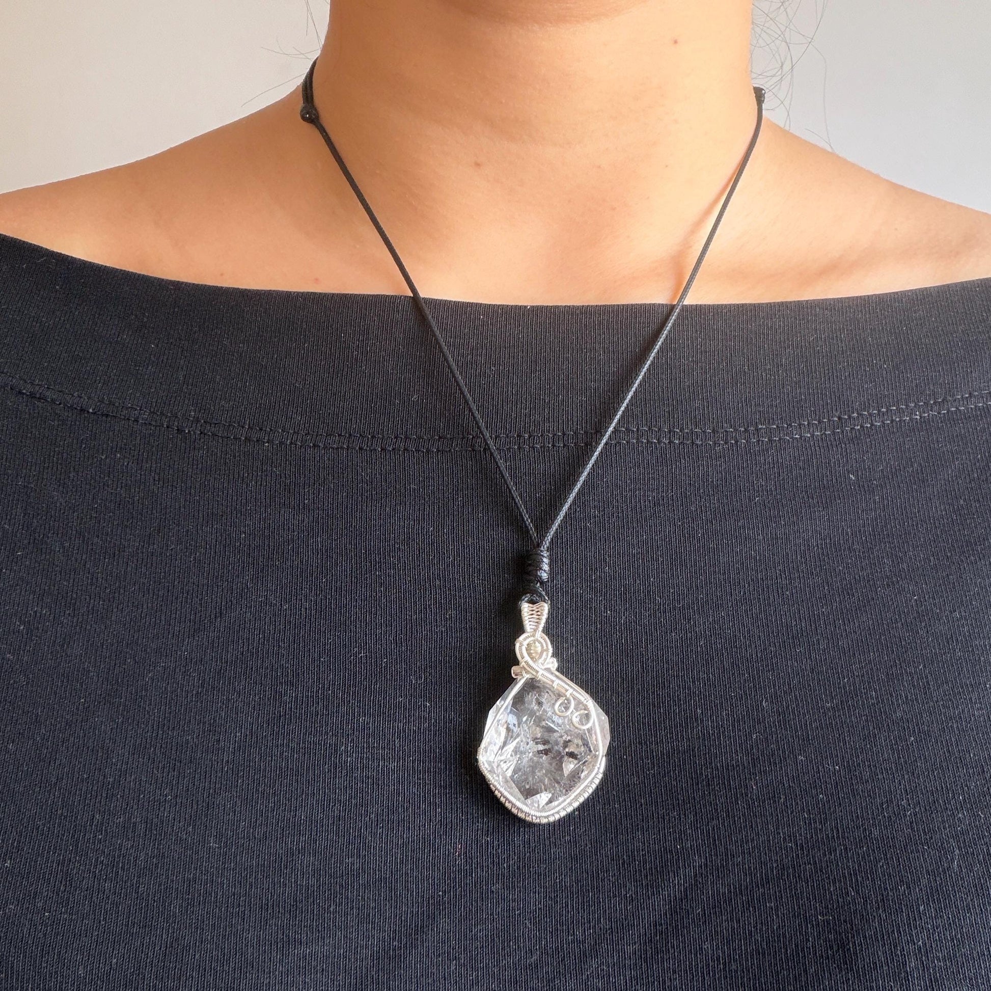 Rare Polished Enhydro Quartz (Herkimer Diamond) Mini Wire Wrapped Pendant Adjustable Necklace: Moving Sand & Black Bubble Inclusion Crystal | Natural Gemstone Birthstone Gift for her enhydro quartz sand water-fall pendant necklace choker gemstone charm stone pendant choker polished stone pendant crystal charm birthstone gift for her men necklace chakra crystal purify stone minerals specimen adjustable choker mica quartz silver wire wrapped pendant inlcusion crystal inclusion quartz jewelry