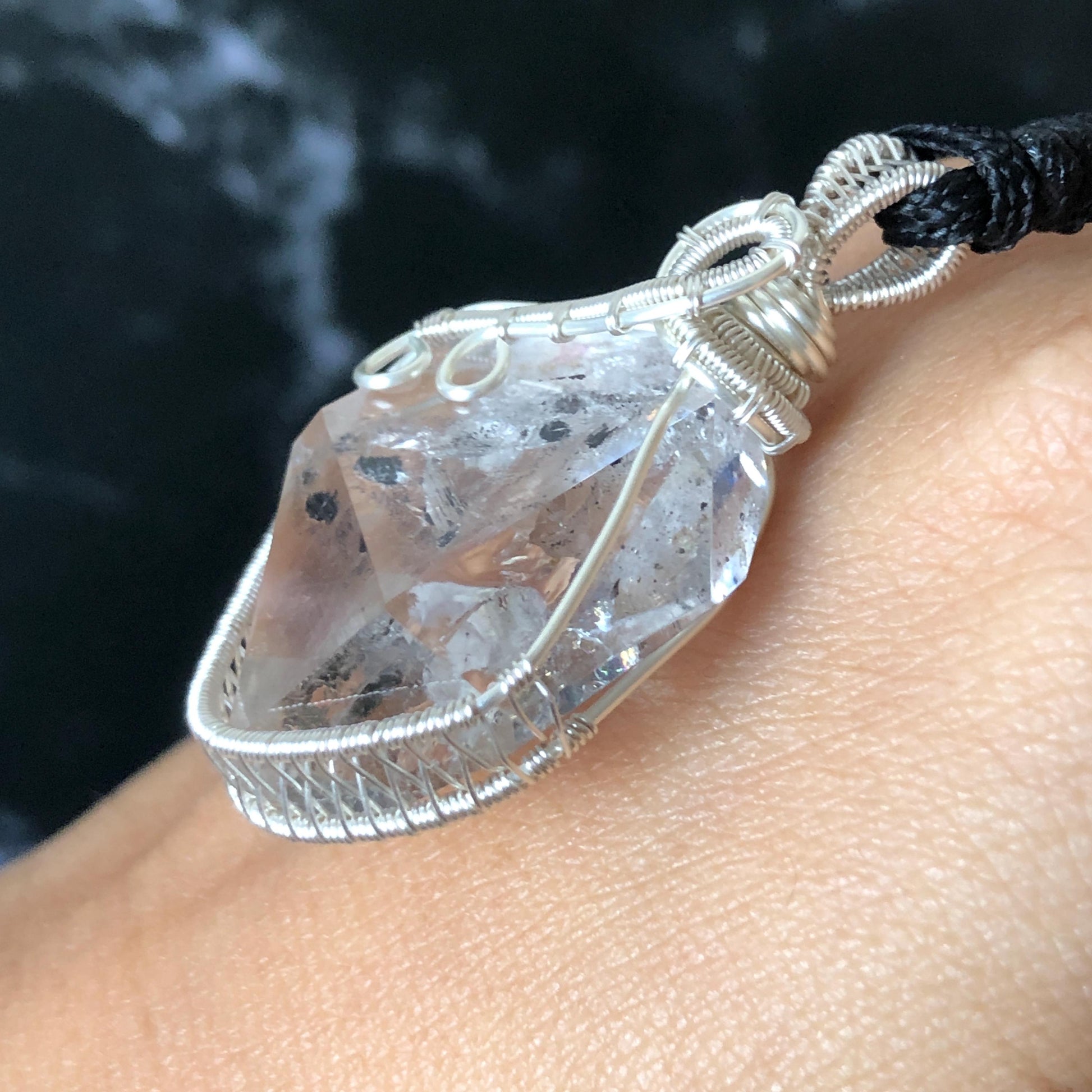 Rare Polished Enhydro Quartz (Herkimer Diamond) Mini Wire Wrapped Pendant Adjustable Necklace: Moving Sand & Black Bubble Inclusion Crystal | Natural Gemstone Birthstone Gift for her enhydro quartz sand water-fall pendant necklace choker gemstone charm stone pendant choker polished stone pendant crystal charm birthstone gift for her men necklace chakra crystal purify stone minerals specimen adjustable choker mica quartz silver wire wrapped pendant inlcusion crystal inclusion quartz jewelry