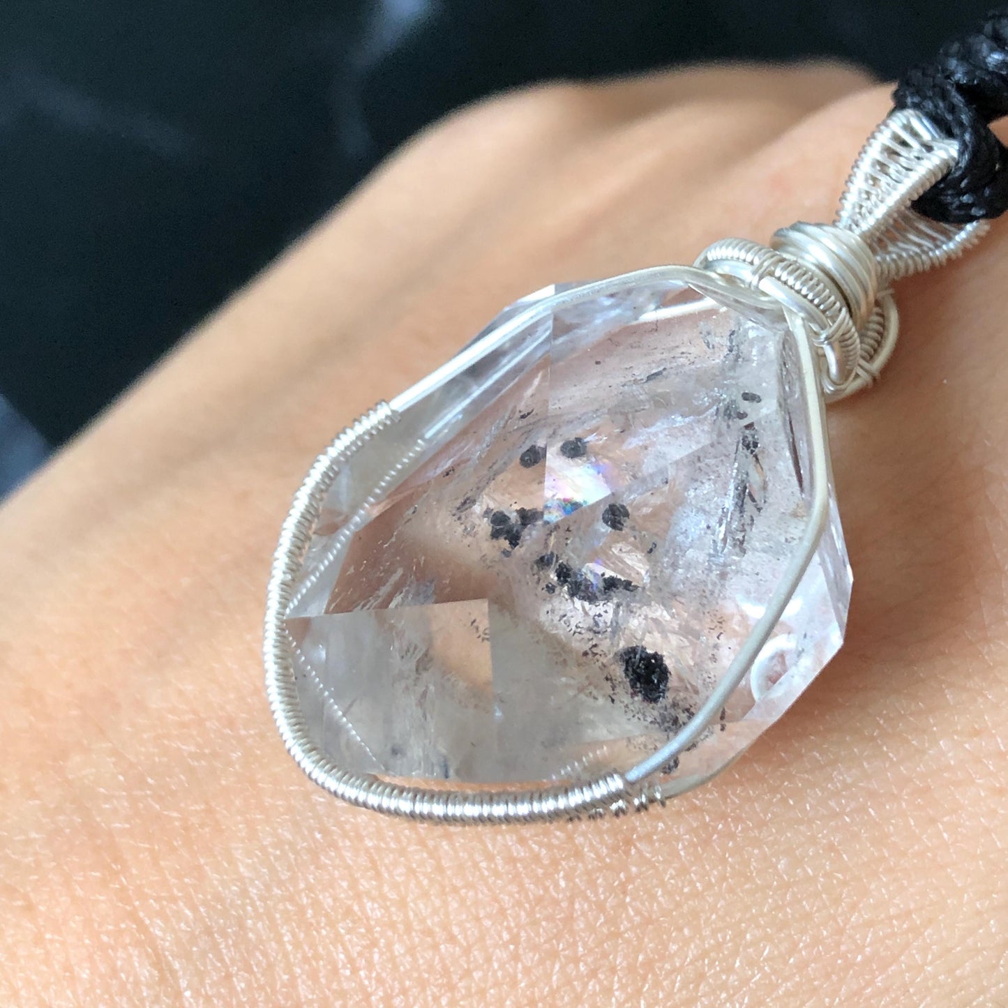 Rare Polished Enhydro Quartz (Herkimer Diamond) Mini Wire Wrapped Pendant Adjustable Necklace: Moving Sand & Black Bubble Inclusion Crystal | Natural Gemstone Birthstone Gift for her enhydro quartz sand water-fall pendant necklace choker gemstone charm stone pendant choker polished stone pendant crystal charm birthstone gift for her men necklace chakra crystal purify stone minerals specimen adjustable choker mica quartz silver wire wrapped pendant inlcusion crystal inclusion quartz jewelry