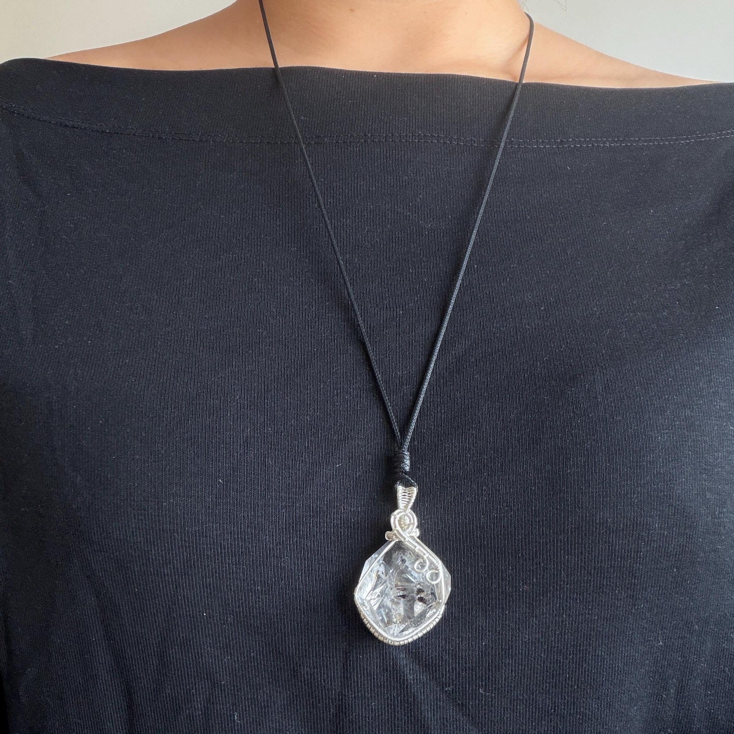 Rare Polished Enhydro Quartz (Herkimer Diamond) Mini Wire Wrapped Pendant Adjustable Necklace: Moving Sand & Black Bubble Inclusion Crystal | Natural Gemstone Birthstone Gift for her enhydro quartz sand water-fall pendant necklace choker gemstone charm stone pendant choker polished stone pendant crystal charm birthstone gift for her men necklace chakra crystal purify stone minerals specimen adjustable choker mica quartz silver wire wrapped pendant inlcusion crystal inclusion quartz jewelry