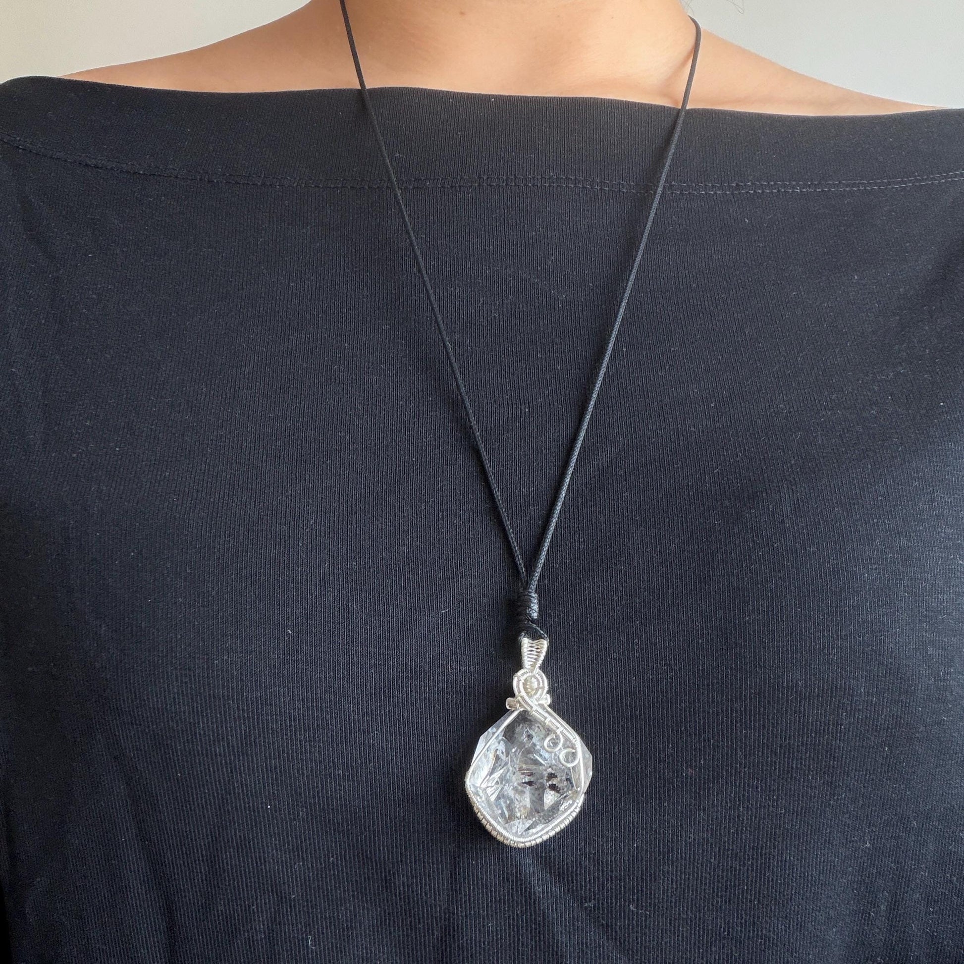 Rare Polished Enhydro Quartz (Herkimer Diamond) Mini Wire Wrapped Pendant Adjustable Necklace: Moving Sand & Black Bubble Inclusion Crystal | Natural Gemstone Birthstone Gift for her enhydro quartz sand water-fall pendant necklace choker gemstone charm stone pendant choker polished stone pendant crystal charm birthstone gift for her men necklace chakra crystal purify stone minerals specimen adjustable choker mica quartz silver wire wrapped pendant inlcusion crystal inclusion quartz jewelry
