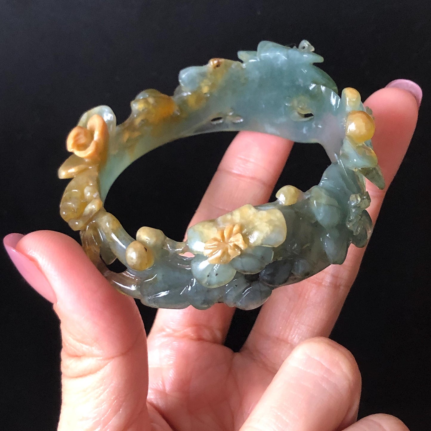 54.5mm Xiu Jade Serpentine Hand Carved Begonia Flower Bangle: Natural Yellow Greenish Blue Jade Handcrafted Bracelet, Stone Carving Gemstone Jewelry Gift for her wide jade bangle jade carving hand engraved stone carving natural untreated jade bracelet green jade yellow jade blue jade multi colour jade handcraft jade flower carving floral bracelet chinese jade vintage bangle antique bracelet
