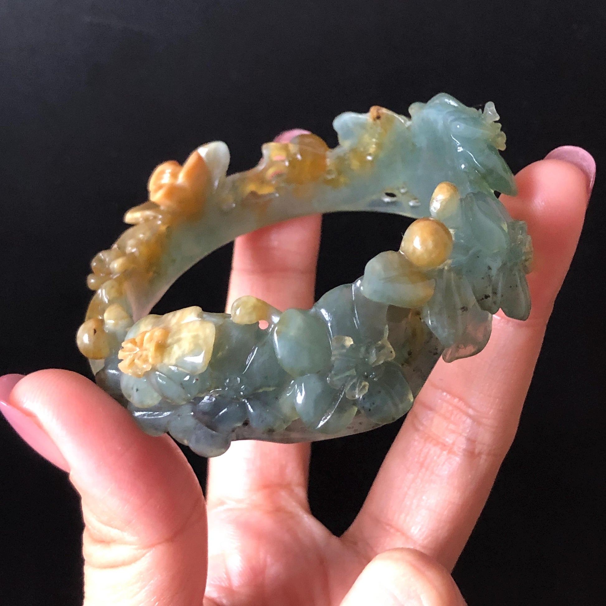 54.5mm Xiu Jade Serpentine Hand Carved Begonia Flower Bangle: Natural Yellow Greenish Blue Jade Handcrafted Bracelet, Stone Carving Gemstone Jewelry Gift for her wide jade bangle jade carving hand engraved stone carving natural untreated jade bracelet green jade yellow jade blue jade multi colour jade handcraft jade flower carving floral bracelet chinese jade vintage bangle antique bracelet