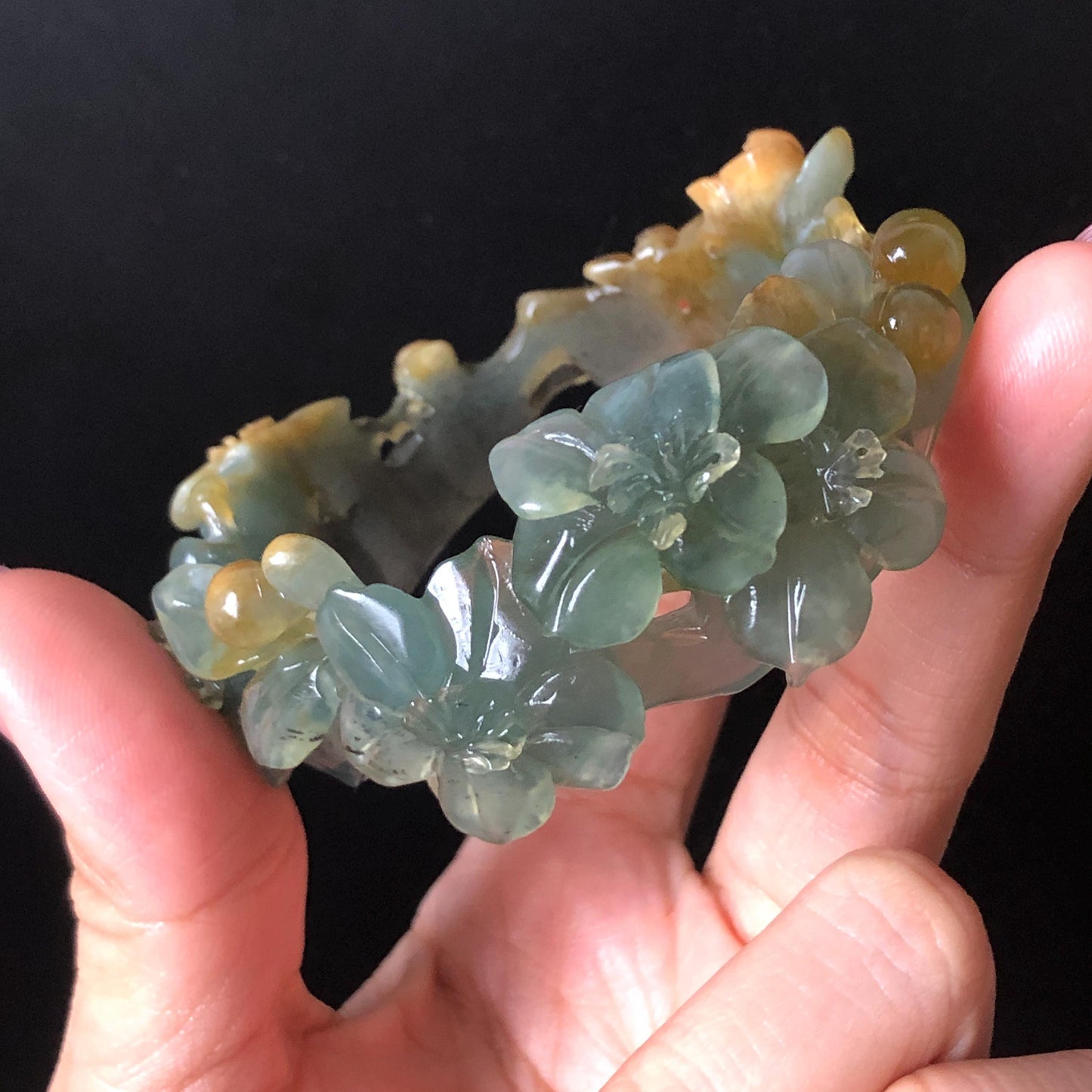 54.5mm Xiu Jade Serpentine Hand Carved Begonia Flower Bangle: Natural Yellow Greenish Blue Jade Handcrafted Bracelet, Stone Carving Gemstone Jewelry Gift for her wide jade bangle jade carving hand engraved stone carving natural untreated jade bracelet green jade yellow jade blue jade multi colour jade handcraft jade flower carving floral bracelet chinese jade vintage bangle antique bracelet