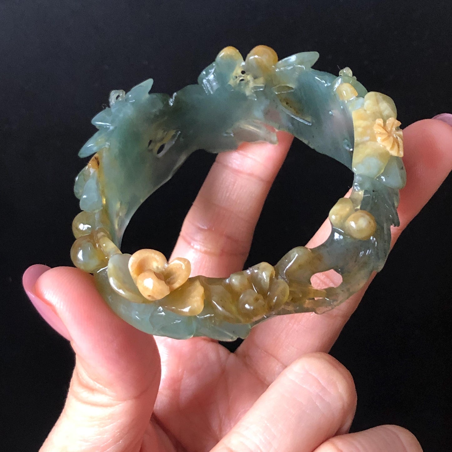 54.5mm Xiu Jade Serpentine Hand Carved Begonia Flower Bangle: Natural Yellow Greenish Blue Jade Handcrafted Bracelet, Stone Carving Gemstone Jewelry Gift for her wide jade bangle jade carving hand engraved stone carving natural untreated jade bracelet green jade yellow jade blue jade multi colour jade handcraft jade flower carving floral bracelet chinese jade vintage bangle antique bracelet