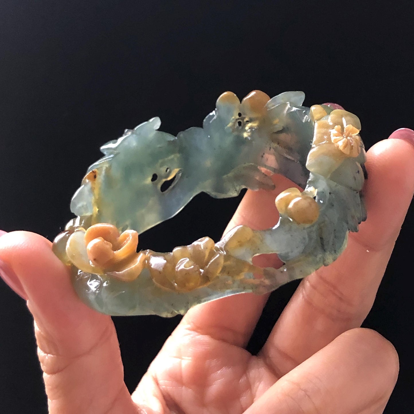 54.5mm Xiu Jade Serpentine Hand Carved Begonia Flower Bangle: Natural Yellow Greenish Blue Jade Handcrafted Bracelet, Stone Carving Gemstone Jewelry Gift for her wide jade bangle jade carving hand engraved stone carving natural untreated jade bracelet green jade yellow jade blue jade multi colour jade handcraft jade flower carving floral bracelet chinese jade vintage bangle antique bracelet