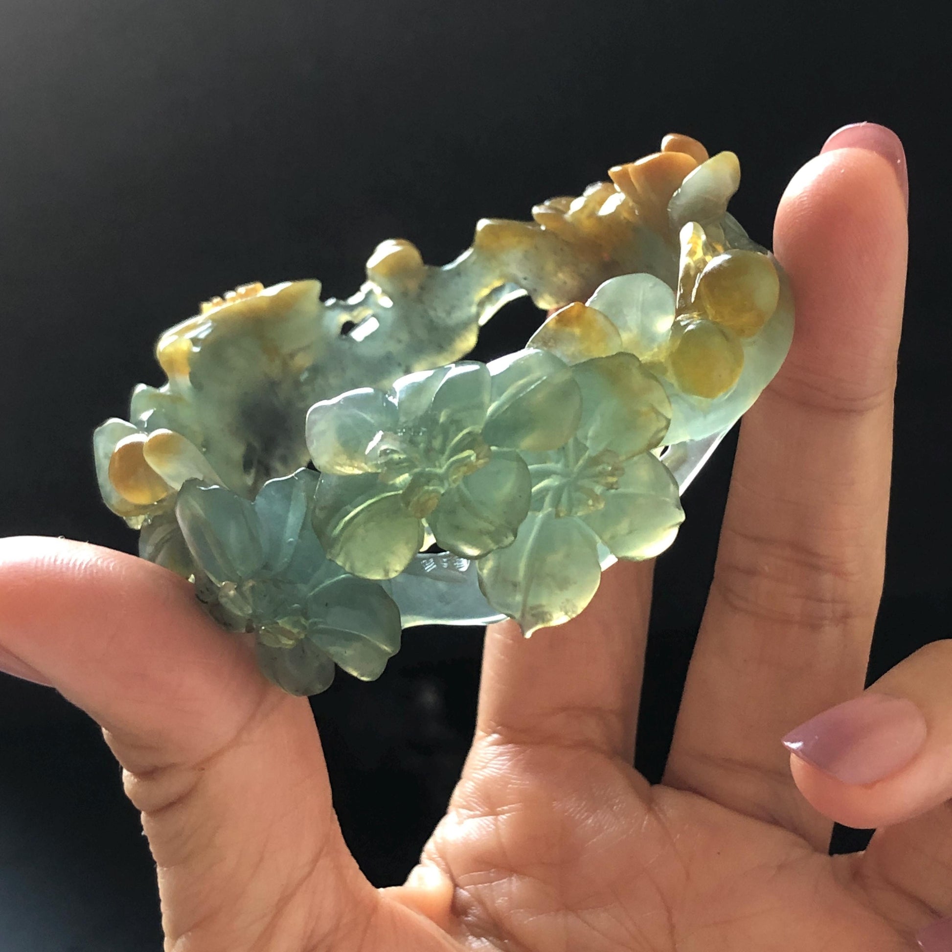 54.5mm Xiu Jade Serpentine Hand Carved Begonia Flower Bangle: Natural Yellow Greenish Blue Jade Handcrafted Bracelet, Stone Carving Gemstone Jewelry Gift for her wide jade bangle jade carving hand engraved stone carving natural untreated jade bracelet green jade yellow jade blue jade multi colour jade handcraft jade flower carving floral bracelet chinese jade vintage bangle antique bracelet