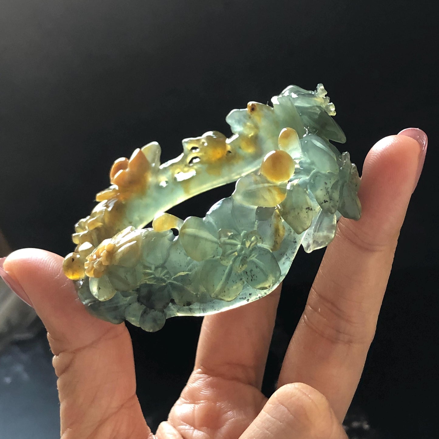 54.5mm Xiu Jade Serpentine Hand Carved Begonia Flower Bangle: Natural Yellow Greenish Blue Jade Handcrafted Bracelet, Stone Carving Gemstone Jewelry Gift for her wide jade bangle jade carving hand engraved stone carving natural untreated jade bracelet green jade yellow jade blue jade multi colour jade handcraft jade flower carving floral bracelet chinese jade vintage bangle antique bracelet