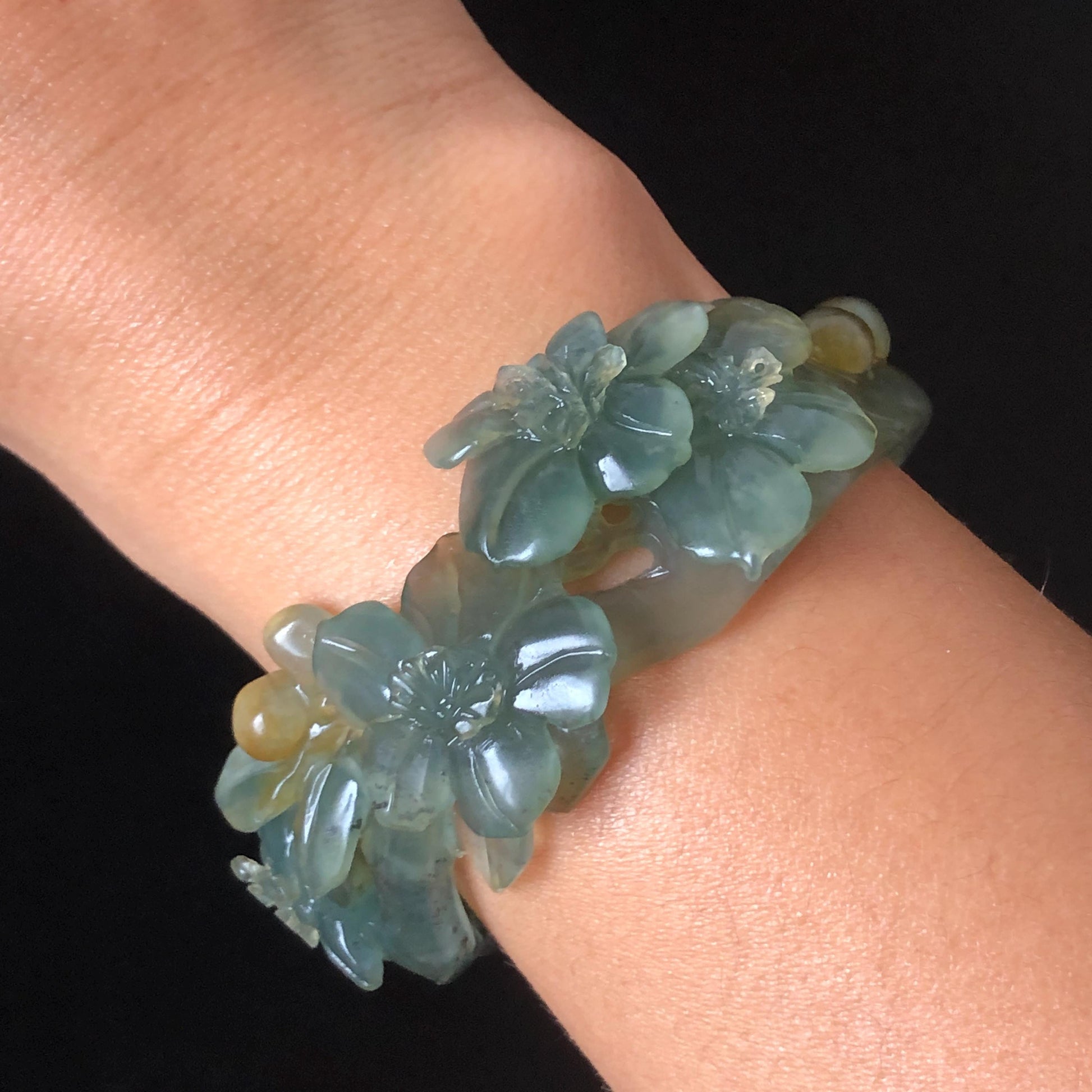 54.5mm Xiu Jade Serpentine Hand Carved Begonia Flower Bangle: Natural Yellow Greenish Blue Jade Handcrafted Bracelet, Stone Carving Gemstone Jewelry Gift for her wide jade bangle jade carving hand engraved stone carving natural untreated jade bracelet green jade yellow jade blue jade multi colour jade handcraft jade flower carving floral bracelet chinese jade vintage bangle antique bracelet