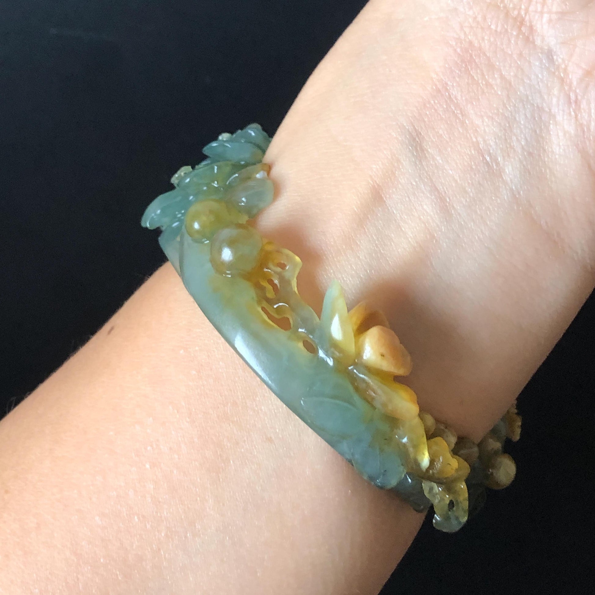 54.5mm Xiu Jade Serpentine Hand Carved Begonia Flower Bangle: Natural Yellow Greenish Blue Jade Handcrafted Bracelet, Stone Carving Gemstone Jewelry Gift for her wide jade bangle jade carving hand engraved stone carving natural untreated jade bracelet green jade yellow jade blue jade multi colour jade handcraft jade flower carving floral bracelet chinese jade vintage bangle antique bracelet