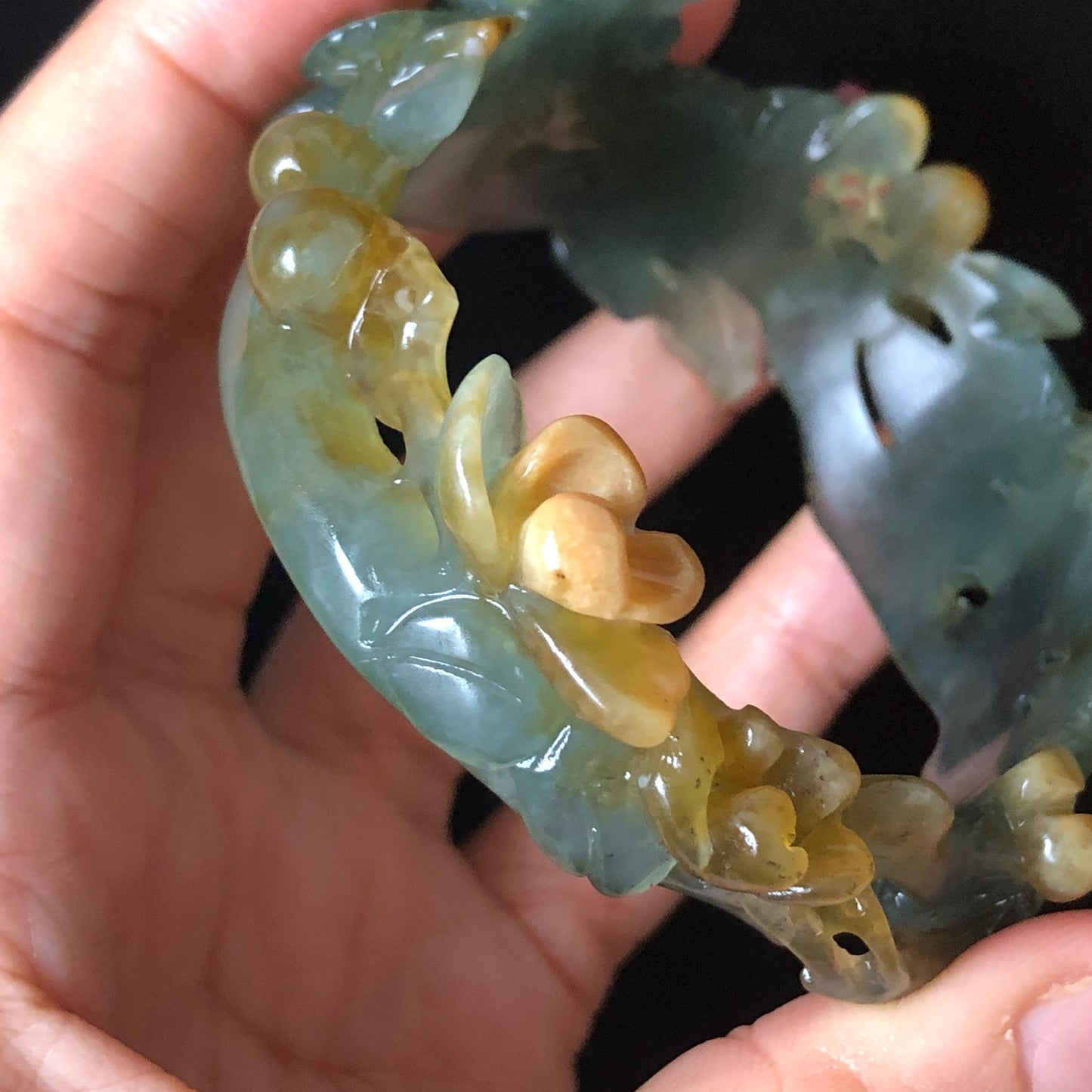 54.5mm Xiu Jade Serpentine Hand Carved Begonia Flower Bangle: Natural Yellow Greenish Blue Jade Handcrafted Bracelet, Stone Carving Gemstone Jewelry Gift for her wide jade bangle jade carving hand engraved stone carving natural untreated jade bracelet green jade yellow jade blue jade multi colour jade handcraft jade flower carving floral bracelet chinese jade vintage bangle antique bracelet
