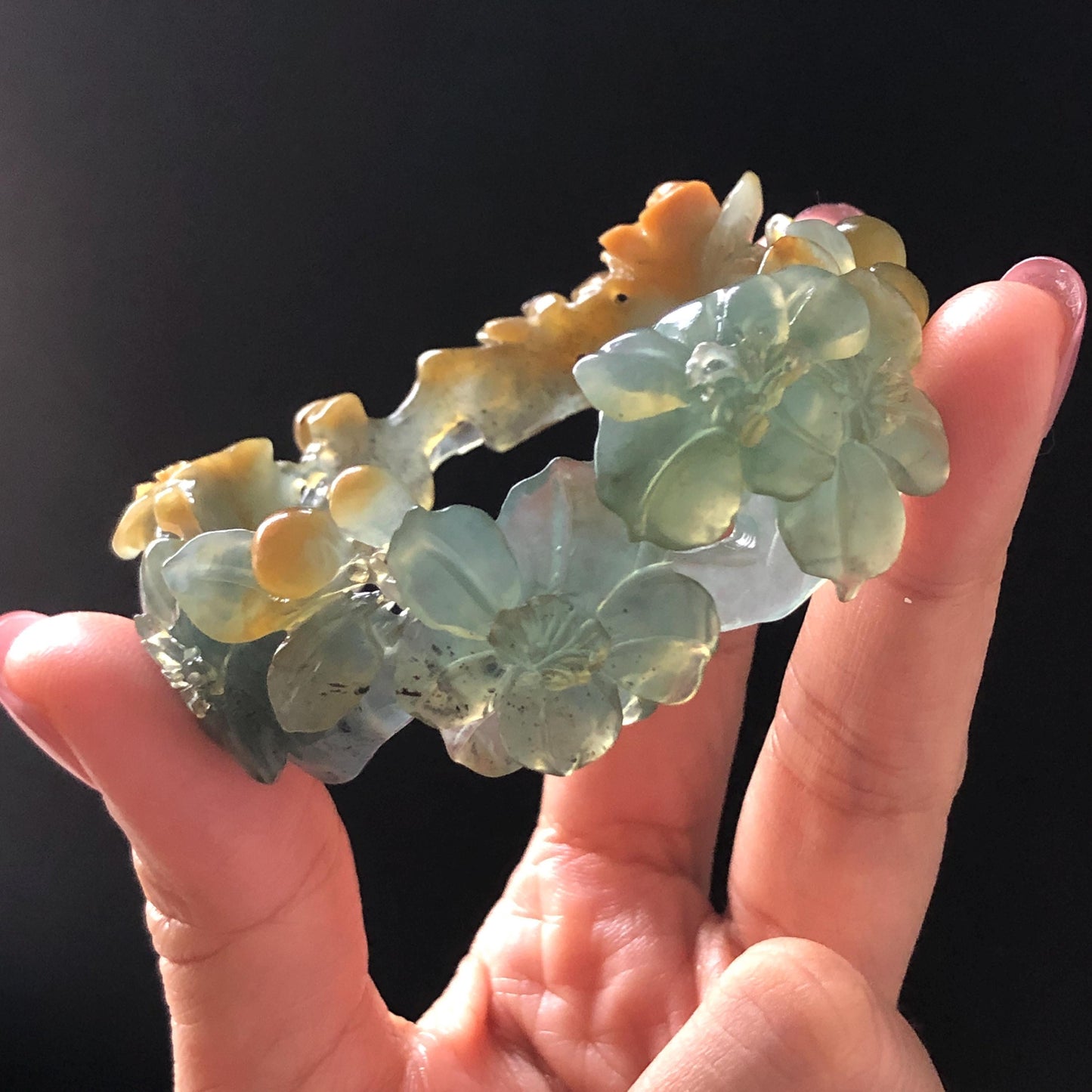 54.5mm Xiu Jade Serpentine Hand Carved Begonia Flower Bangle: Natural Yellow Greenish Blue Jade Handcrafted Bracelet, Stone Carving Gemstone Jewelry Gift for her wide jade bangle jade carving hand engraved stone carving natural untreated jade bracelet green jade yellow jade blue jade multi colour jade handcraft jade flower carving floral bracelet chinese jade vintage bangle antique bracelet