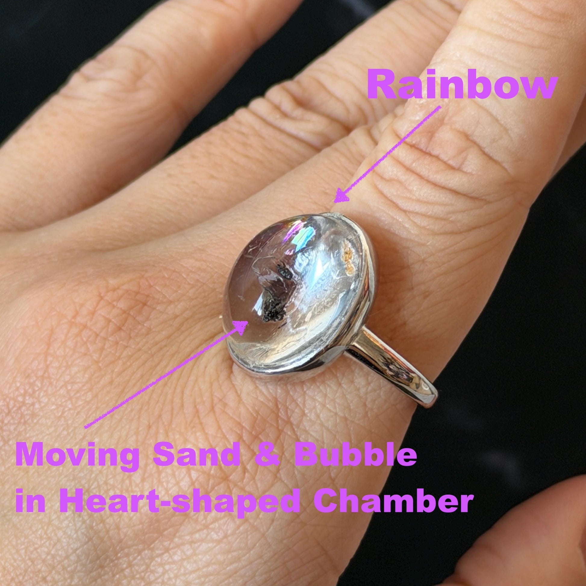 Polished Enhydro Quartz (Herkimer Diamond) S925 Silver Adjustable Ring: Rainbow! Moving Sand and Bubble Inclusion Crystal Statement Ring for Women  ring crystal band ring crystal cocktail ring crystal stackable ring 7 chakra crystal ring meditation crystal healing stone birthstone silver ring ring for men rainbow quartz inclusion quartz inclusion crystal minerals specimen silver ring free size ring adjustable ring holder