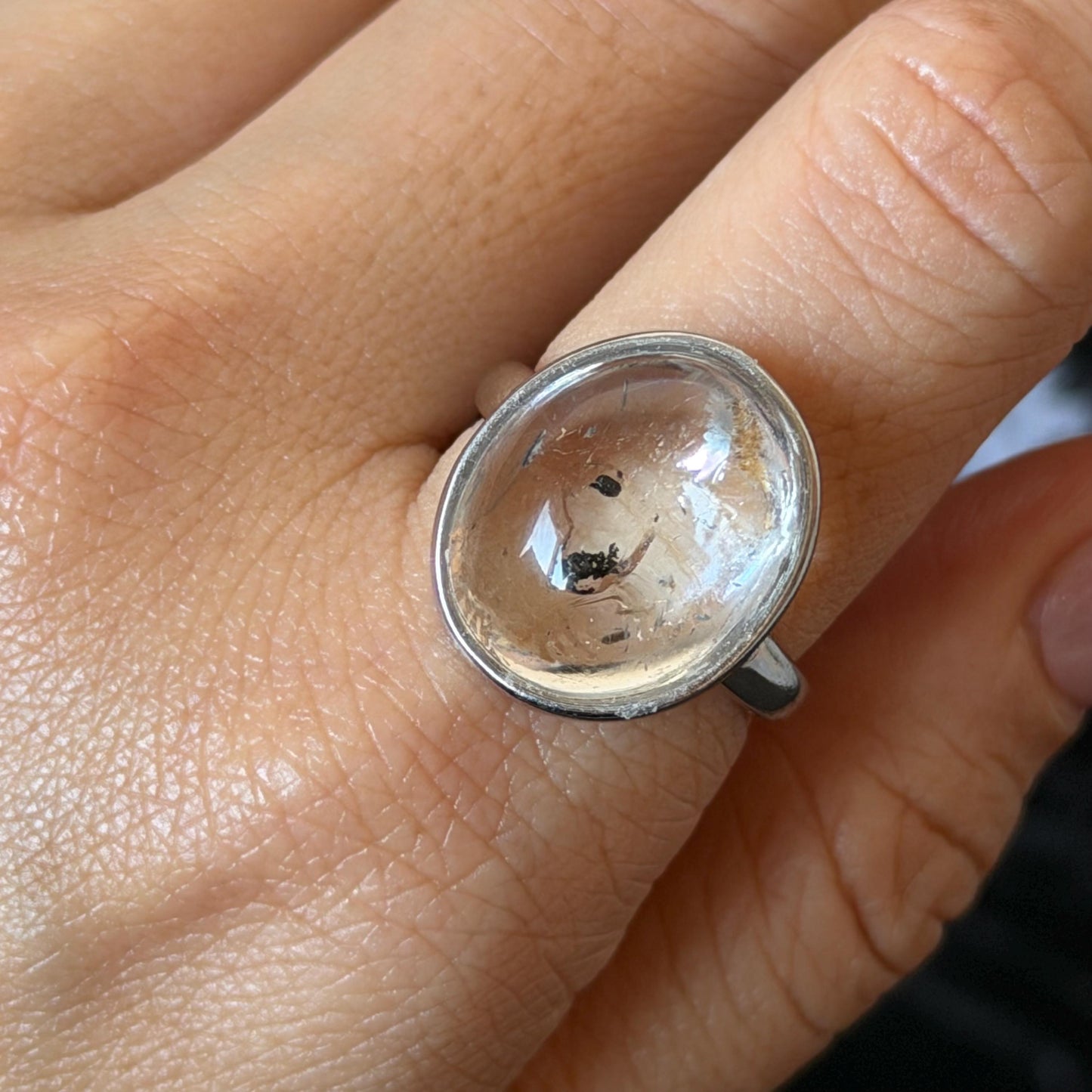 Polished Enhydro Quartz (Herkimer Diamond) S925 Silver Adjustable Ring: Rainbow! Moving Sand and Bubble Inclusion Crystal Statement Ring for Women  ring crystal band ring crystal cocktail ring crystal stackable ring 7 chakra crystal ring meditation crystal healing stone birthstone silver ring ring for men rainbow quartz inclusion quartz inclusion crystal minerals specimen silver ring free size ring adjustable ring holder