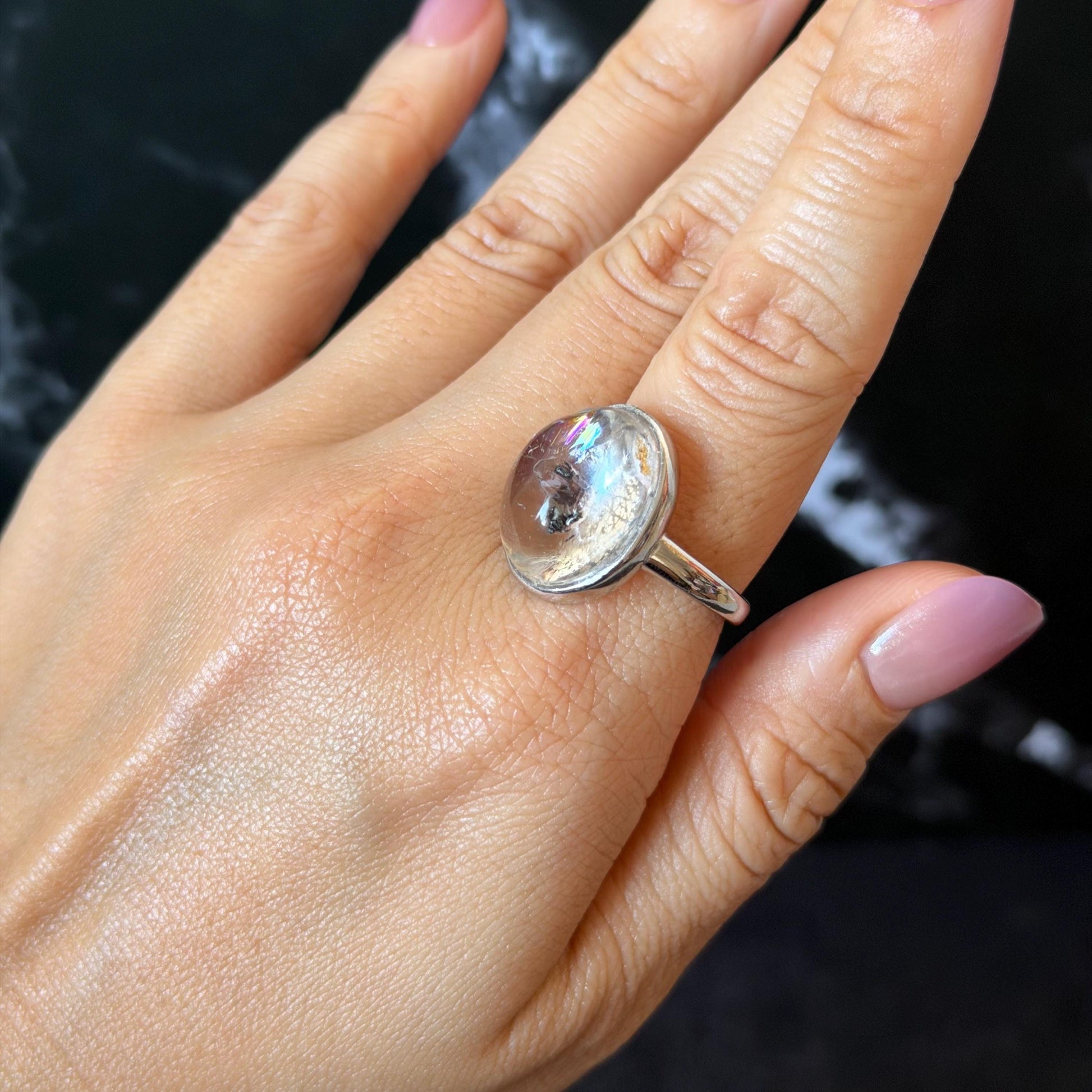 Polished Enhydro Quartz (Herkimer Diamond) S925 Silver Adjustable Ring: Rainbow! Moving Sand and Bubble Inclusion Crystal Statement Ring for Women  ring crystal band ring crystal cocktail ring crystal stackable ring 7 chakra crystal ring meditation crystal healing stone birthstone silver ring ring for men rainbow quartz inclusion quartz inclusion crystal minerals specimen silver ring free size ring adjustable ring holder