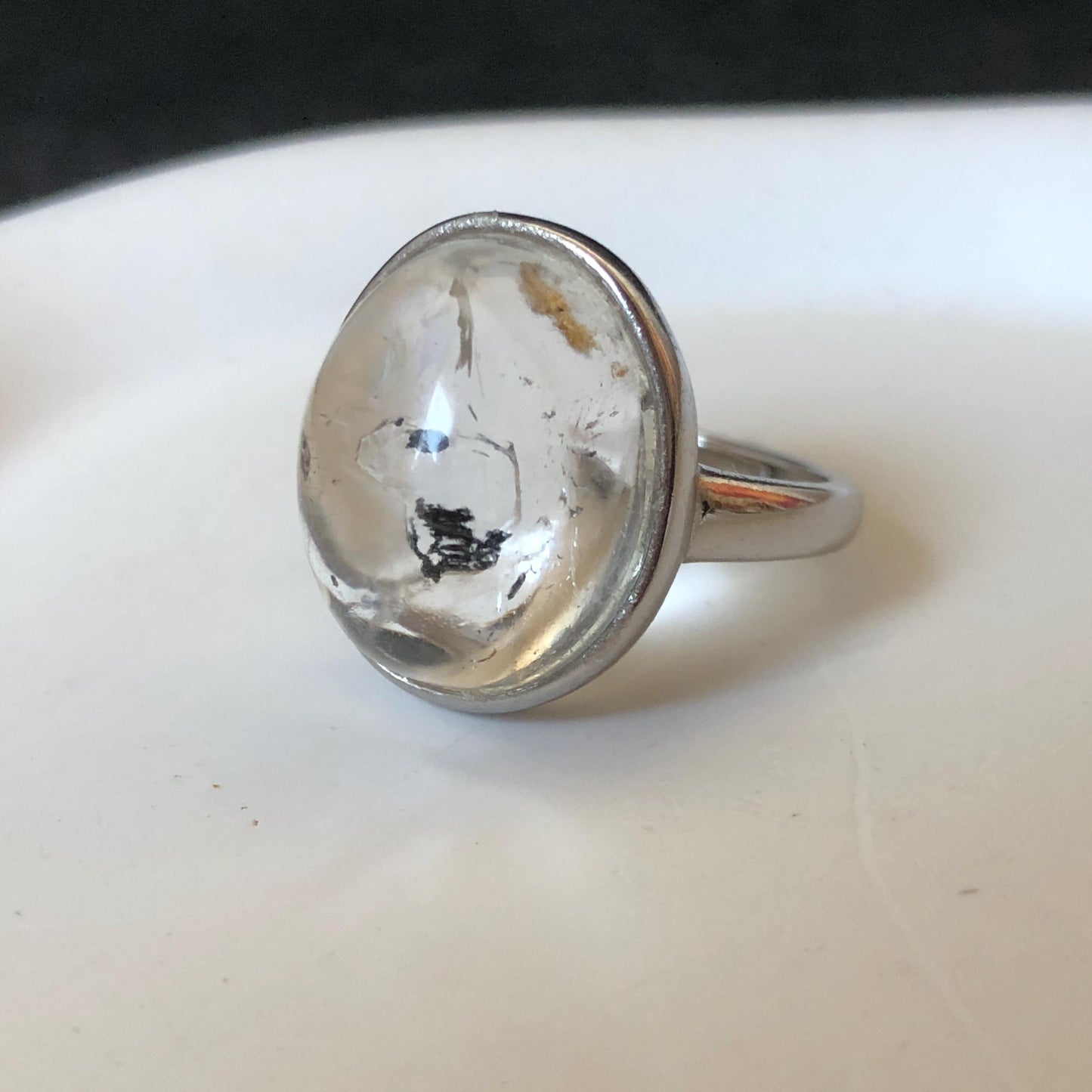 Polished Enhydro Quartz (Herkimer Diamond) S925 Silver Adjustable Ring: Rainbow! Moving Sand and Bubble Inclusion Crystal Statement Ring for Women  ring crystal band ring crystal cocktail ring crystal stackable ring 7 chakra crystal ring meditation crystal healing stone birthstone silver ring ring for men rainbow quartz inclusion quartz inclusion crystal minerals specimen silver ring free size ring adjustable ring holder