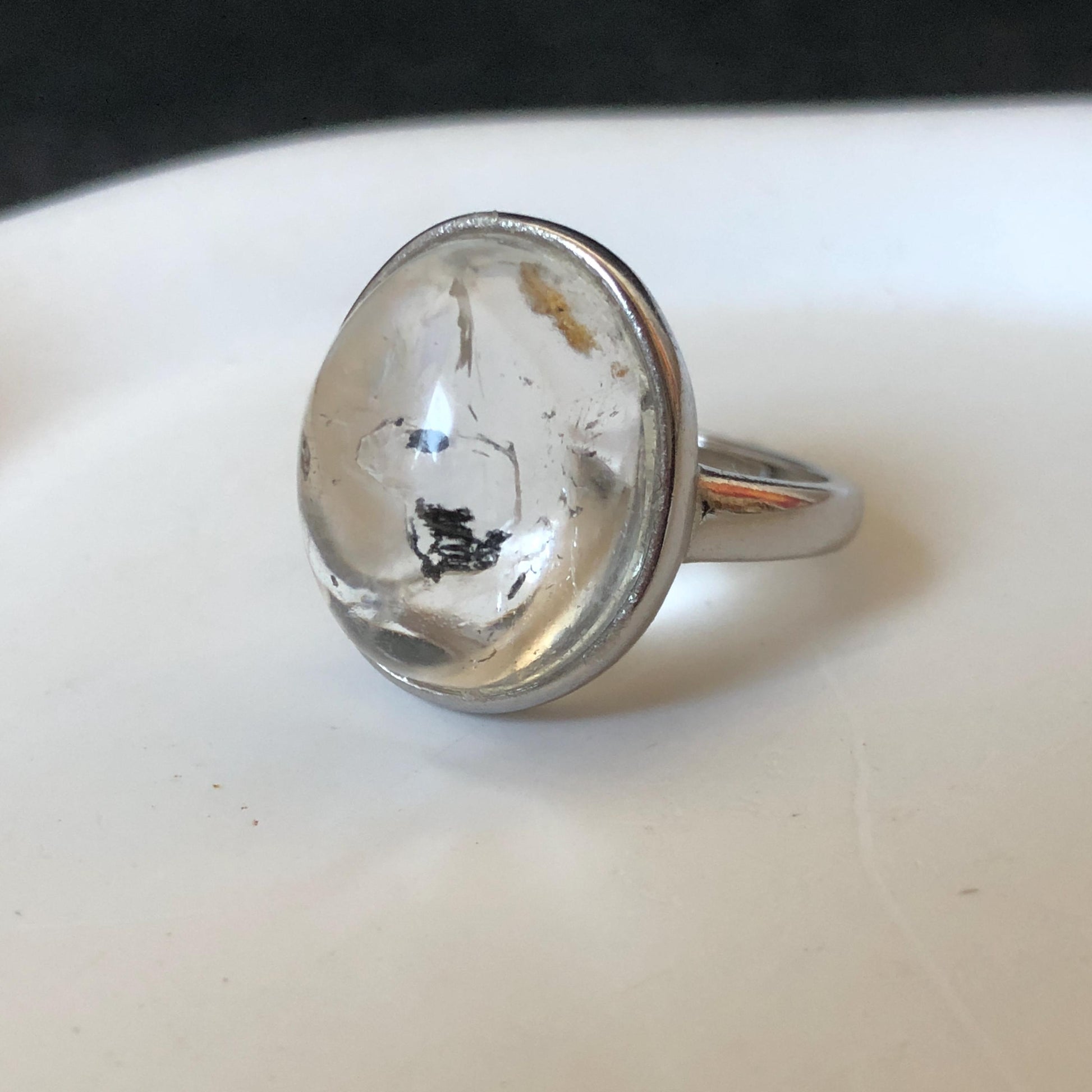 Polished Enhydro Quartz (Herkimer Diamond) S925 Silver Adjustable Ring: Rainbow! Moving Sand and Bubble Inclusion Crystal Statement Ring for Women  ring crystal band ring crystal cocktail ring crystal stackable ring 7 chakra crystal ring meditation crystal healing stone birthstone silver ring ring for men rainbow quartz inclusion quartz inclusion crystal minerals specimen silver ring free size ring adjustable ring holder