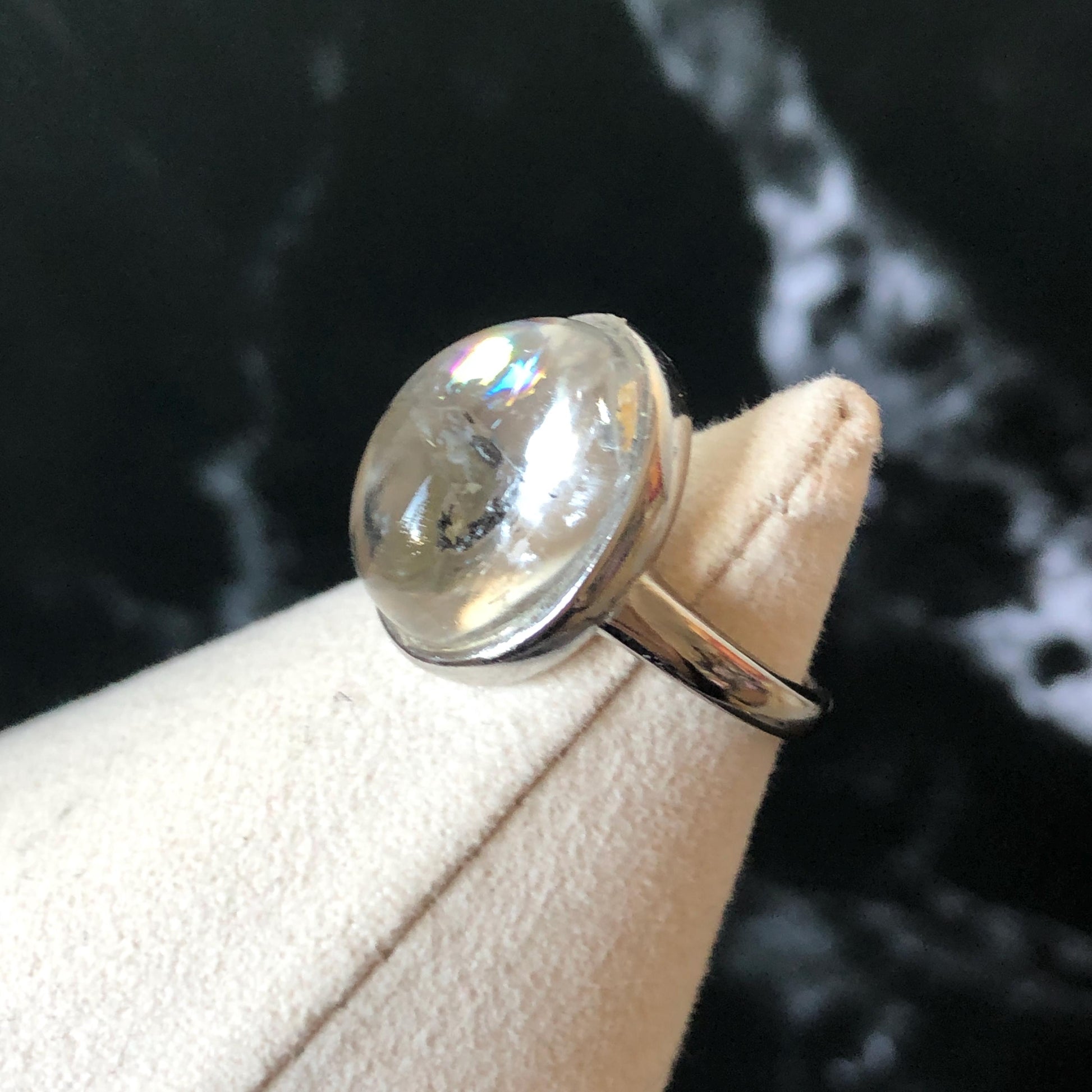 Polished Enhydro Quartz (Herkimer Diamond) S925 Silver Adjustable Ring: Rainbow! Moving Sand and Bubble Inclusion Crystal Statement Ring for Women  ring crystal band ring crystal cocktail ring crystal stackable ring 7 chakra crystal ring meditation crystal healing stone birthstone silver ring ring for men rainbow quartz inclusion quartz inclusion crystal minerals specimen silver ring free size ring adjustable ring holder