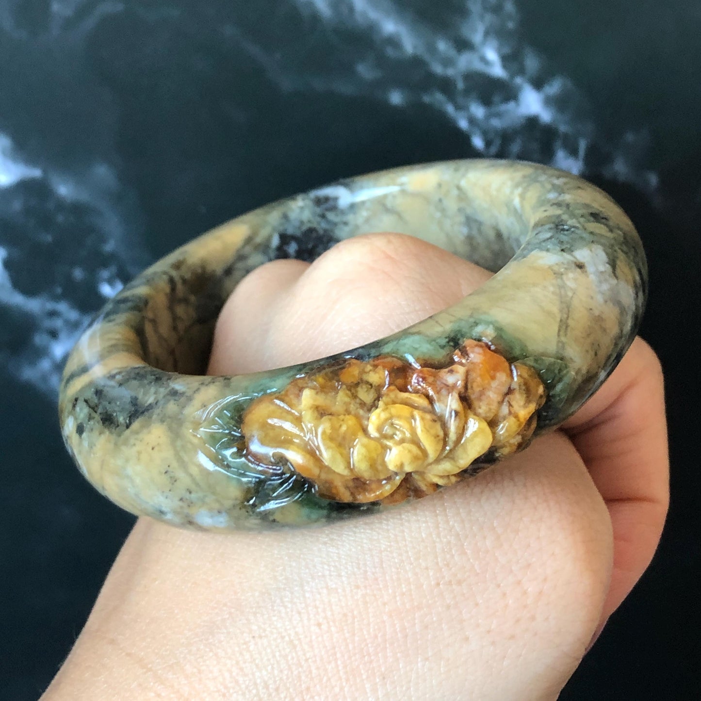 53.3mm Xiu Jade Serpentine Hand Carved Peony Flowers Bangle: Natural Brown Yellow Green Jade Handcrafted Bracelet, Stone Carving Gemstone Jewelry Gift for her wide jade bangle jade carving hand engraved stone carving natural untreated jade bracelet green jade yellow jade brown jade handcraft jade peony carving flower carving chinese jade vintage bangle antique bracelet