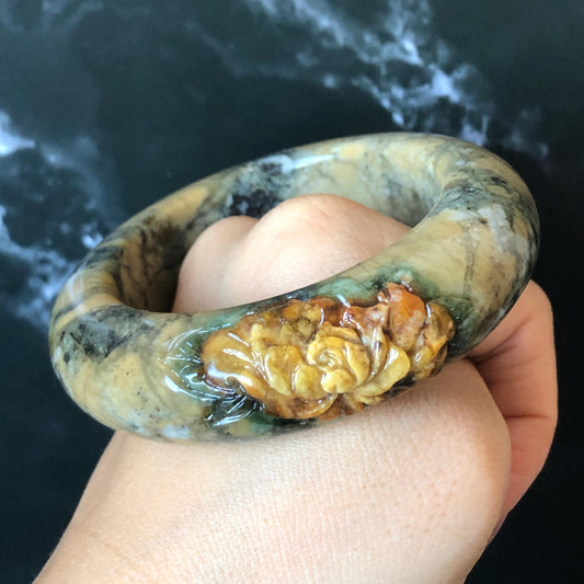 53.3mm Xiu Jade Serpentine Hand Carved Peony Flowers Bangle: Natural Brown Yellow Green Jade Handcrafted Bracelet, Stone Carving Gemstone Jewelry Gift for her wide jade bangle jade carving hand engraved stone carving natural untreated jade bracelet green jade yellow jade brown jade handcraft jade peony carving flower carving chinese jade vintage bangle antique bracelet