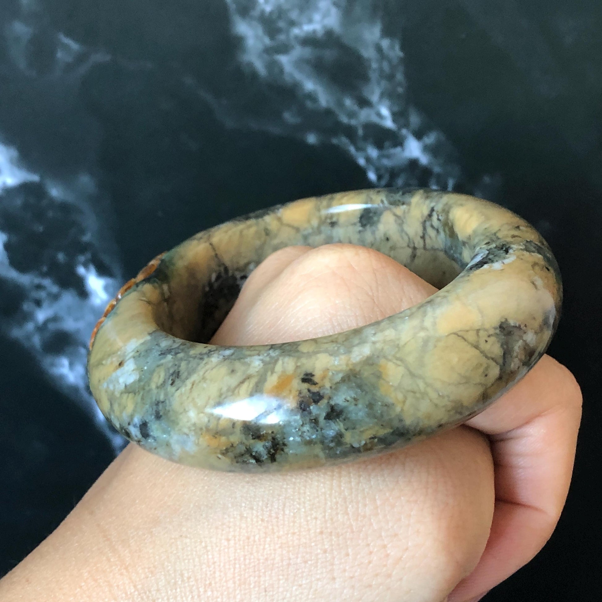 53.3mm Xiu Jade Serpentine Hand Carved Peony Flowers Bangle: Natural Brown Yellow Green Jade Handcrafted Bracelet, Stone Carving Gemstone Jewelry Gift for her wide jade bangle jade carving hand engraved stone carving natural untreated jade bracelet green jade yellow jade brown jade handcraft jade peony carving flower carving chinese jade vintage bangle antique bracelet