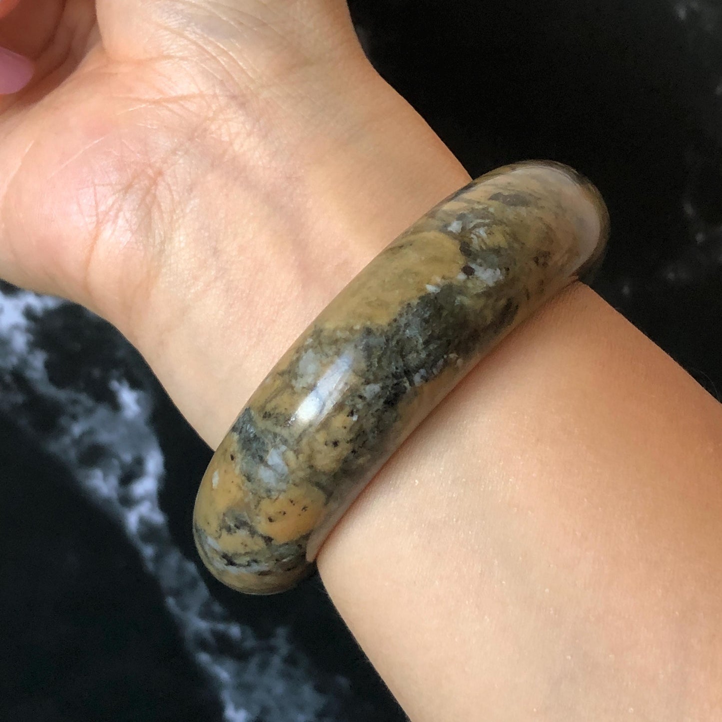 53.3mm Xiu Jade Serpentine Hand Carved Peony Flowers Bangle: Natural Brown Yellow Green Jade Handcrafted Bracelet, Stone Carving Gemstone Jewelry Gift for her wide jade bangle jade carving hand engraved stone carving natural untreated jade bracelet green jade yellow jade brown jade handcraft jade peony carving flower carving chinese jade vintage bangle antique bracelet