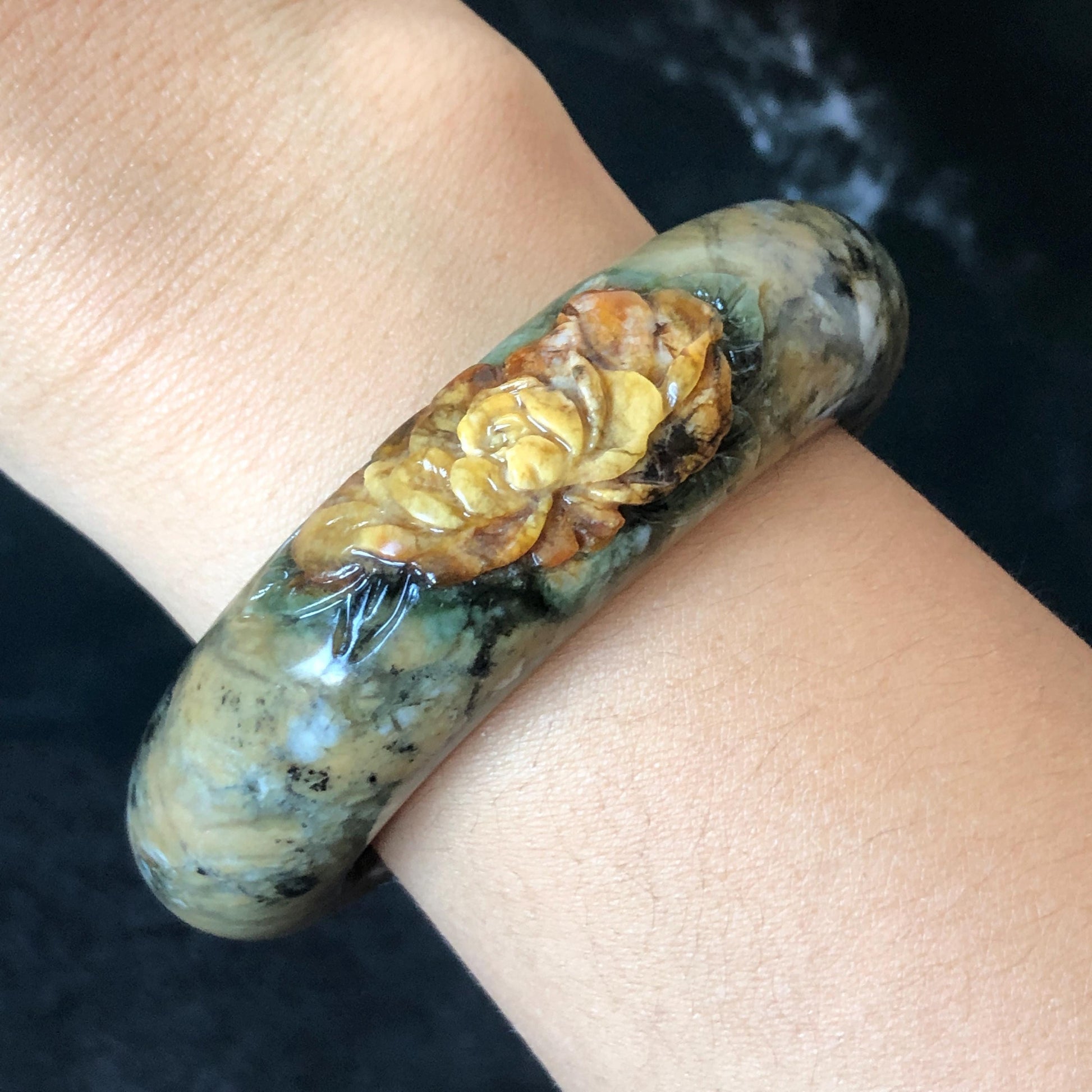 53.3mm Xiu Jade Serpentine Hand Carved Peony Flowers Bangle: Natural Brown Yellow Green Jade Handcrafted Bracelet, Stone Carving Gemstone Jewelry Gift for her wide jade bangle jade carving hand engraved stone carving natural untreated jade bracelet green jade yellow jade brown jade handcraft jade peony carving flower carving chinese jade vintage bangle antique bracelet