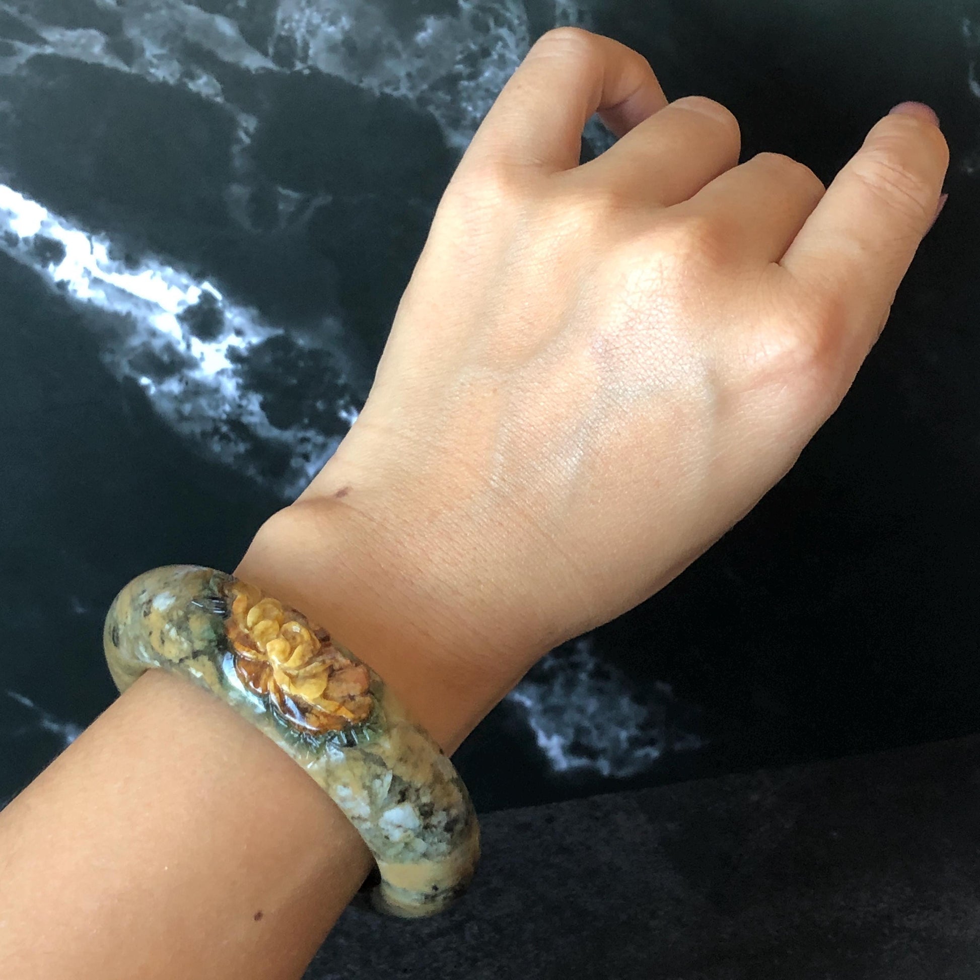 53.3mm Xiu Jade Serpentine Hand Carved Peony Flowers Bangle: Natural Brown Yellow Green Jade Handcrafted Bracelet, Stone Carving Gemstone Jewelry Gift for her wide jade bangle jade carving hand engraved stone carving natural untreated jade bracelet green jade yellow jade brown jade handcraft jade peony carving flower carving chinese jade vintage bangle antique bracelet