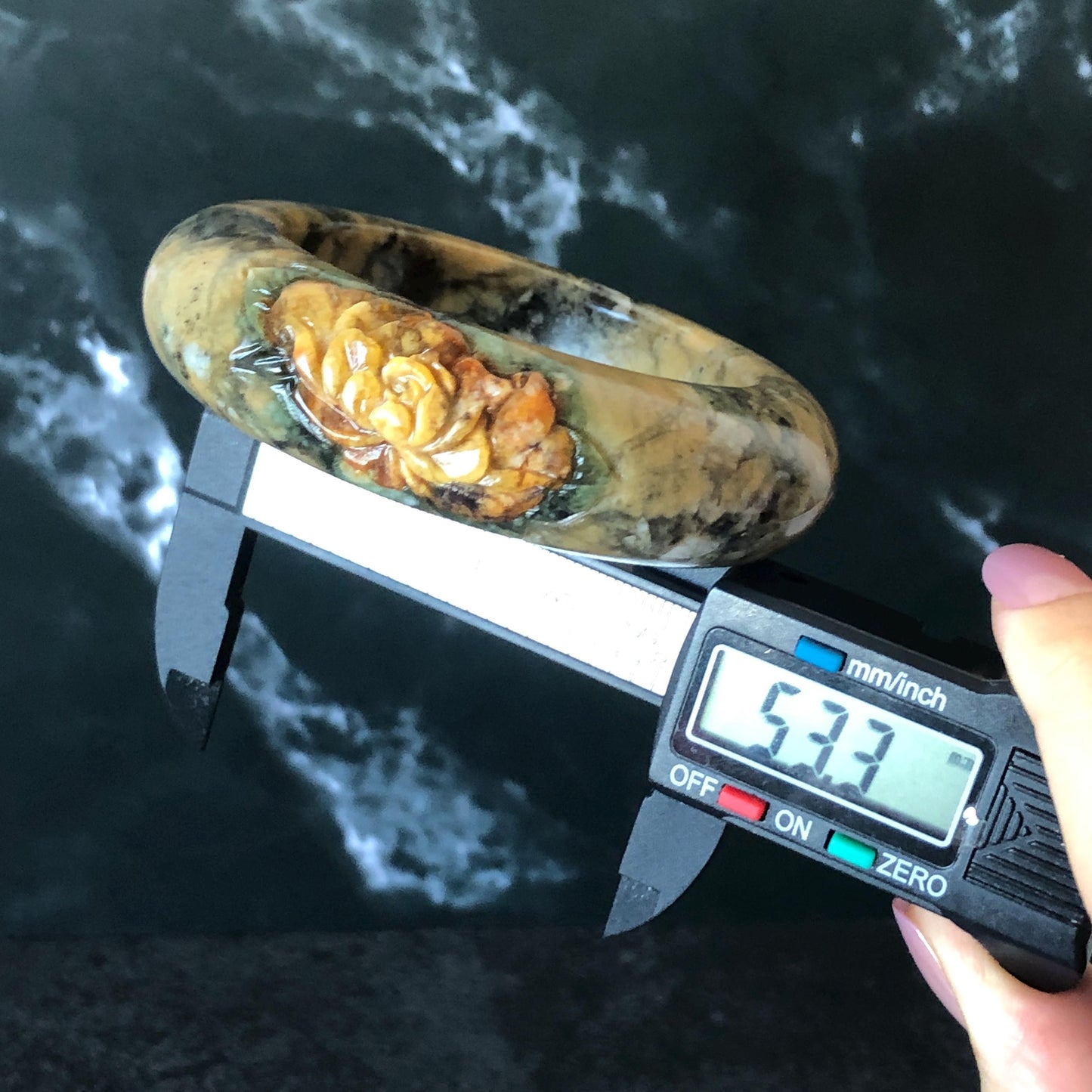 53.3mm Xiu Jade Serpentine Hand Carved Peony Flowers Bangle: Natural Brown Yellow Green Jade Handcrafted Bracelet, Stone Carving Gemstone Jewelry Gift for her wide jade bangle jade carving hand engraved stone carving natural untreated jade bracelet green jade yellow jade brown jade handcraft jade peony carving flower carving chinese jade vintage bangle antique bracelet