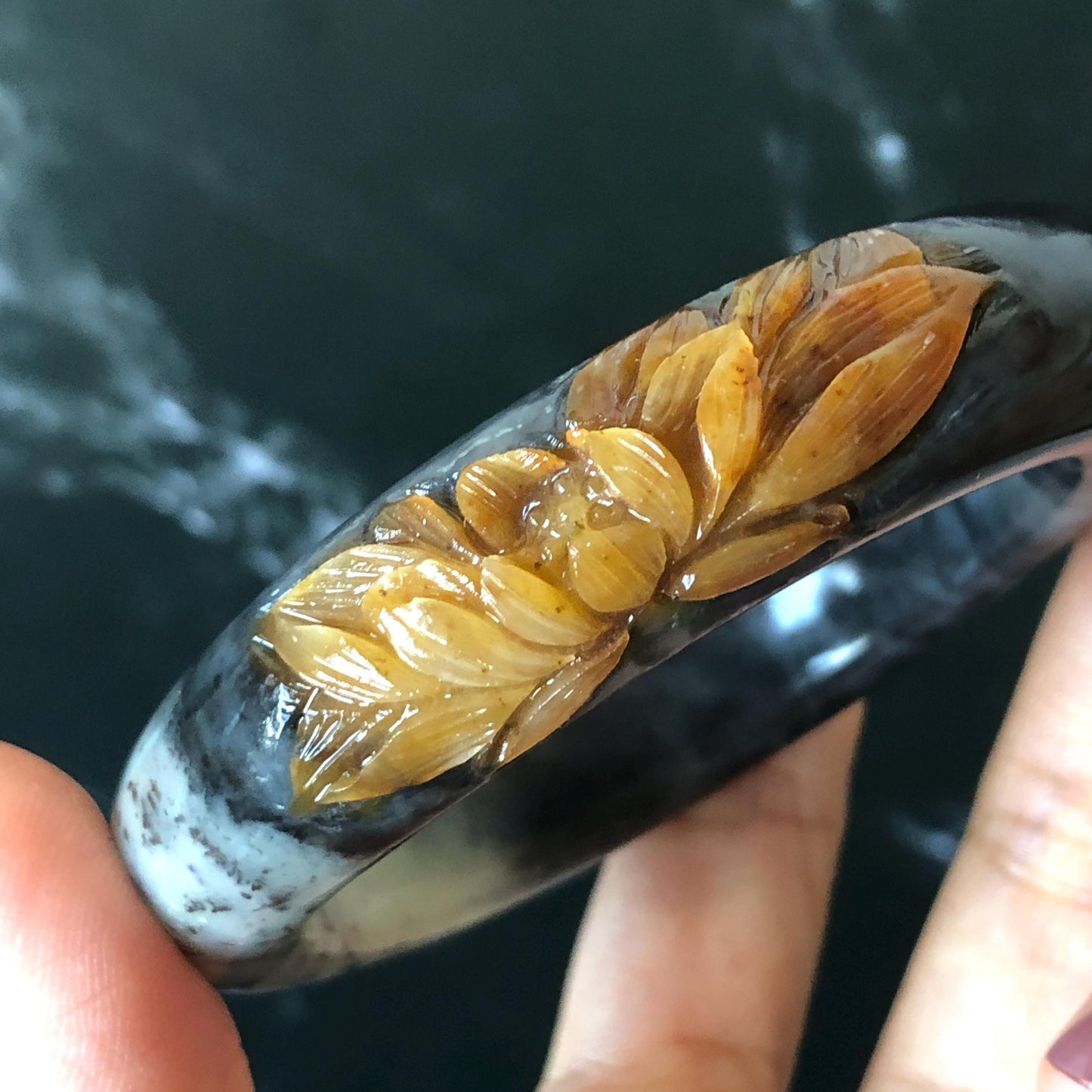 56.5mm Xiu Jade Serpentine Hand Carved Peony Flowers 55.7mm Xiu Jade Serpentine Hand Carved Lotus Flower Bangle: Natural Black White Brown Jade Handcrafted Bracelet, Stone Carving Gemstone Jewelry Gift for her wide jade bangle jade carving hand engraved stone carving natural untreated jade bracelet black jade white jade black jade brown jade handcraft jade lotus carving flower carving chinese jade vintage bangle antique bracelet sesame bracelet multi colour jade