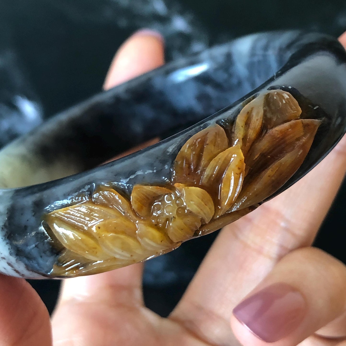 56.5mm Xiu Jade Serpentine Hand Carved Peony Flowers 55.7mm Xiu Jade Serpentine Hand Carved Lotus Flower Bangle: Natural Black White Brown Jade Handcrafted Bracelet, Stone Carving Gemstone Jewelry Gift for her wide jade bangle jade carving hand engraved stone carving natural untreated jade bracelet black jade white jade black jade brown jade handcraft jade lotus carving flower carving chinese jade vintage bangle antique bracelet sesame bracelet multi colour jade