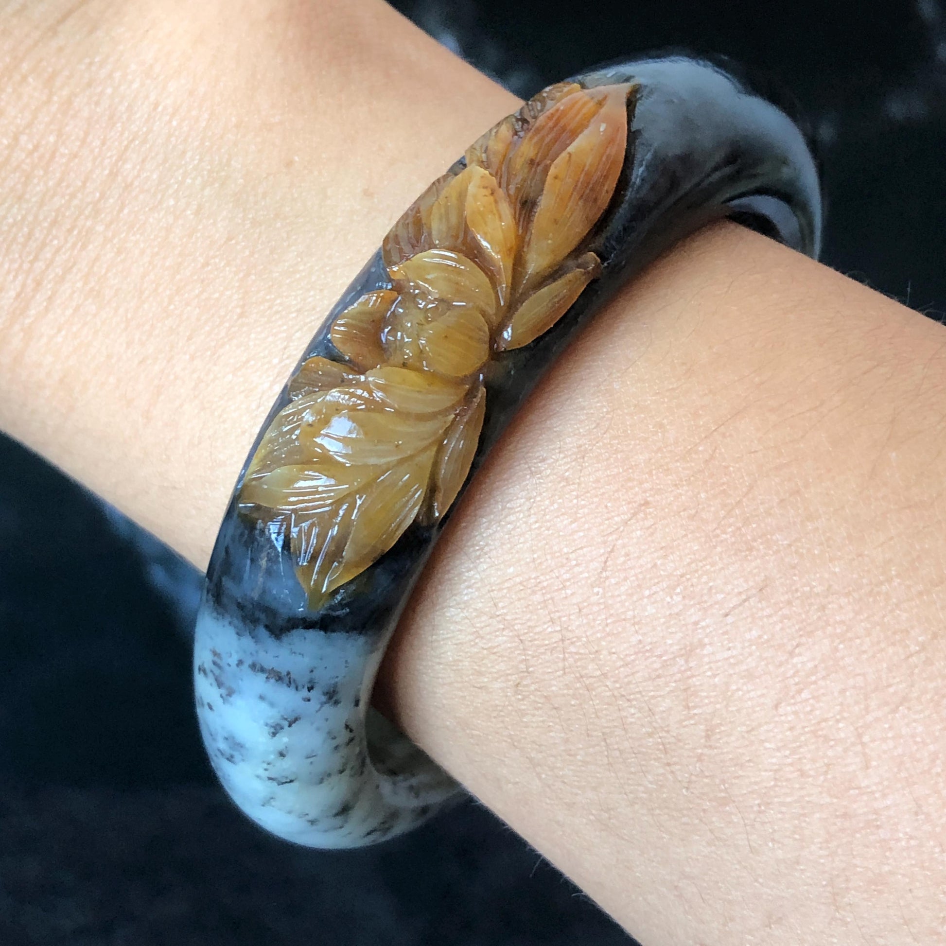 56.5mm Xiu Jade Serpentine Hand Carved Peony Flowers 55.7mm Xiu Jade Serpentine Hand Carved Lotus Flower Bangle: Natural Black White Brown Jade Handcrafted Bracelet, Stone Carving Gemstone Jewelry Gift for her wide jade bangle jade carving hand engraved stone carving natural untreated jade bracelet black jade white jade black jade brown jade handcraft jade lotus carving flower carving chinese jade vintage bangle antique bracelet sesame bracelet multi colour jade