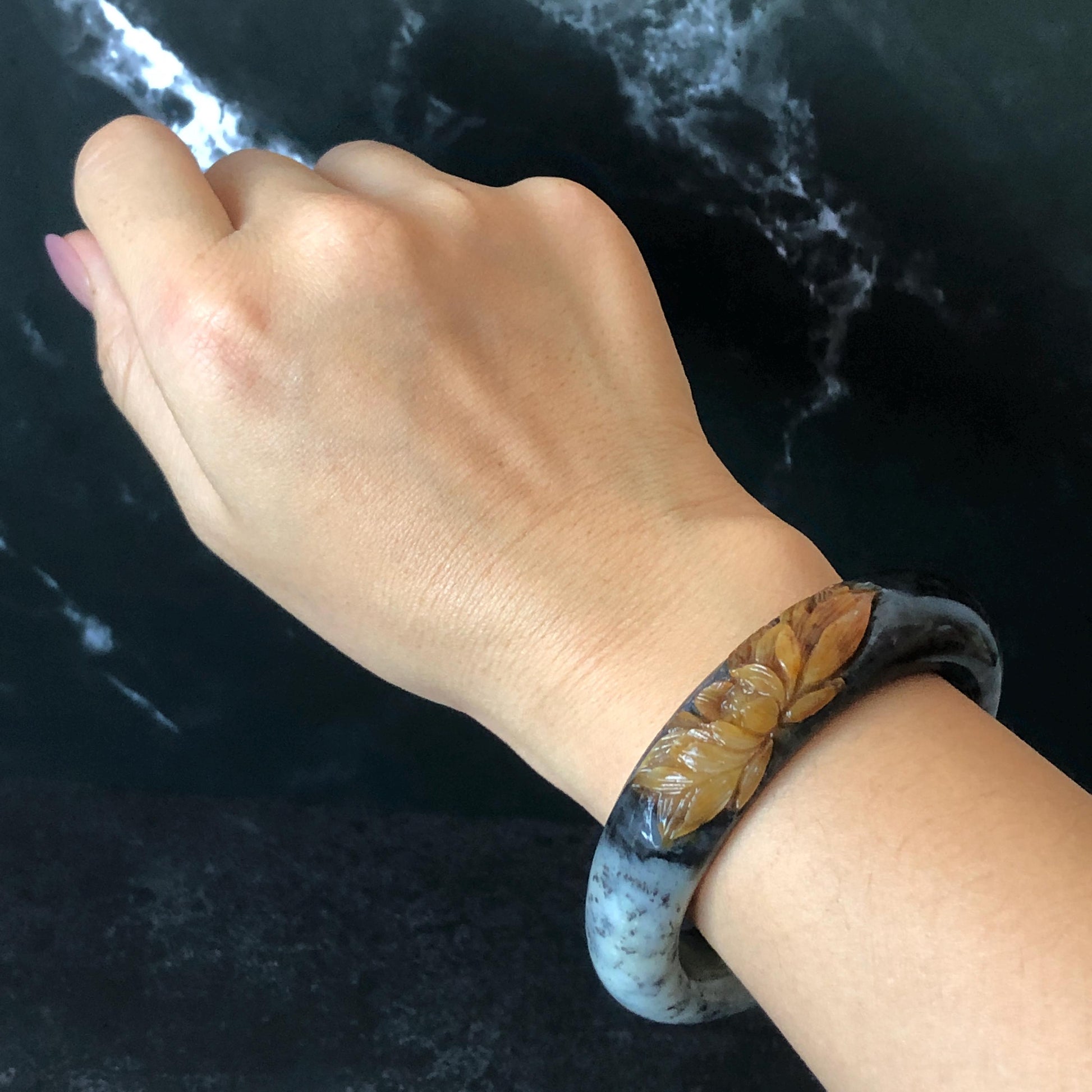 56.5mm Xiu Jade Serpentine Hand Carved Peony Flowers 55.7mm Xiu Jade Serpentine Hand Carved Lotus Flower Bangle: Natural Black White Brown Jade Handcrafted Bracelet, Stone Carving Gemstone Jewelry Gift for her wide jade bangle jade carving hand engraved stone carving natural untreated jade bracelet black jade white jade black jade brown jade handcraft jade lotus carving flower carving chinese jade vintage bangle antique bracelet sesame bracelet multi colour jade