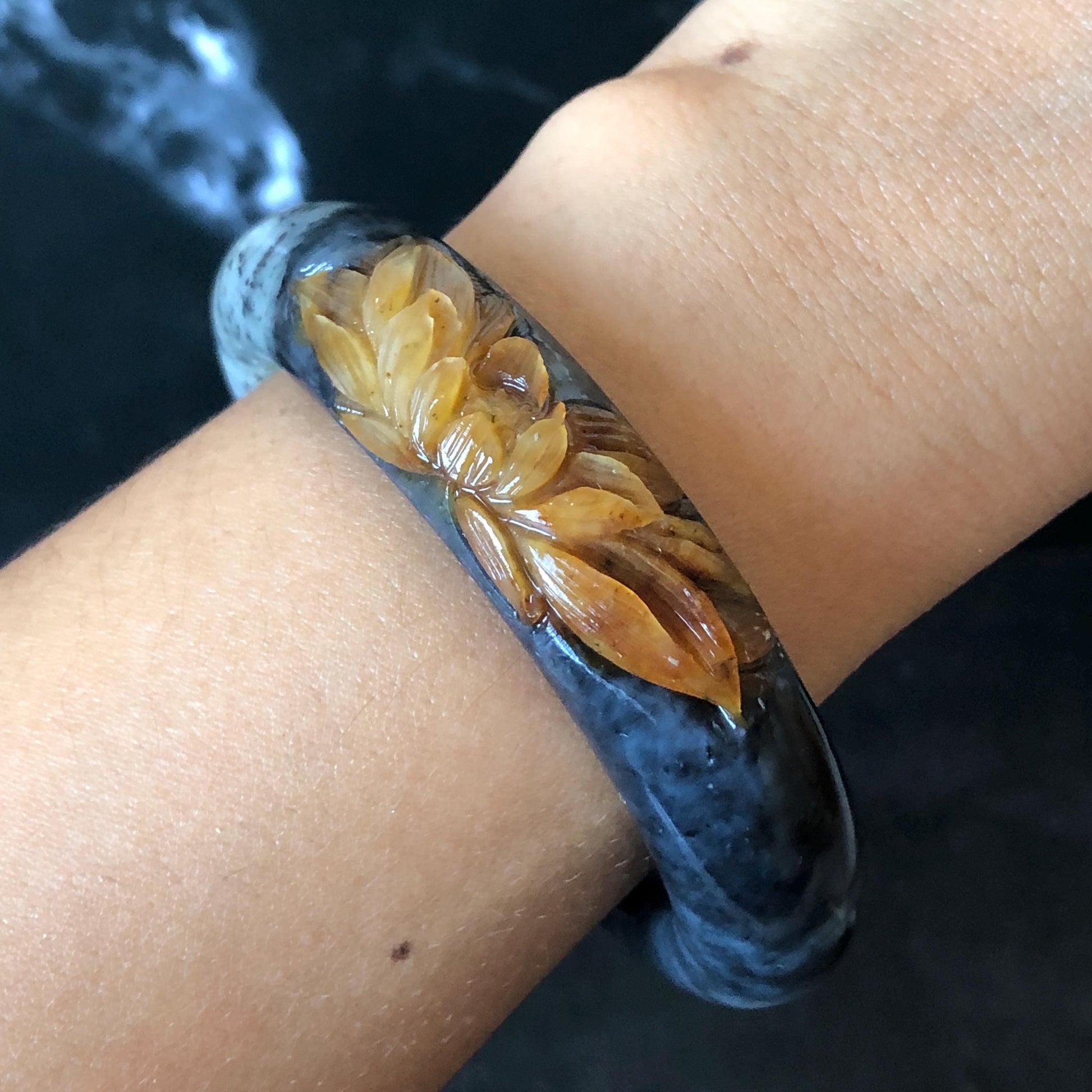 56.5mm Xiu Jade Serpentine Hand Carved Peony Flowers 55.7mm Xiu Jade Serpentine Hand Carved Lotus Flower Bangle: Natural Black White Brown Jade Handcrafted Bracelet, Stone Carving Gemstone Jewelry Gift for her wide jade bangle jade carving hand engraved stone carving natural untreated jade bracelet black jade white jade black jade brown jade handcraft jade lotus carving flower carving chinese jade vintage bangle antique bracelet sesame bracelet multi colour jade