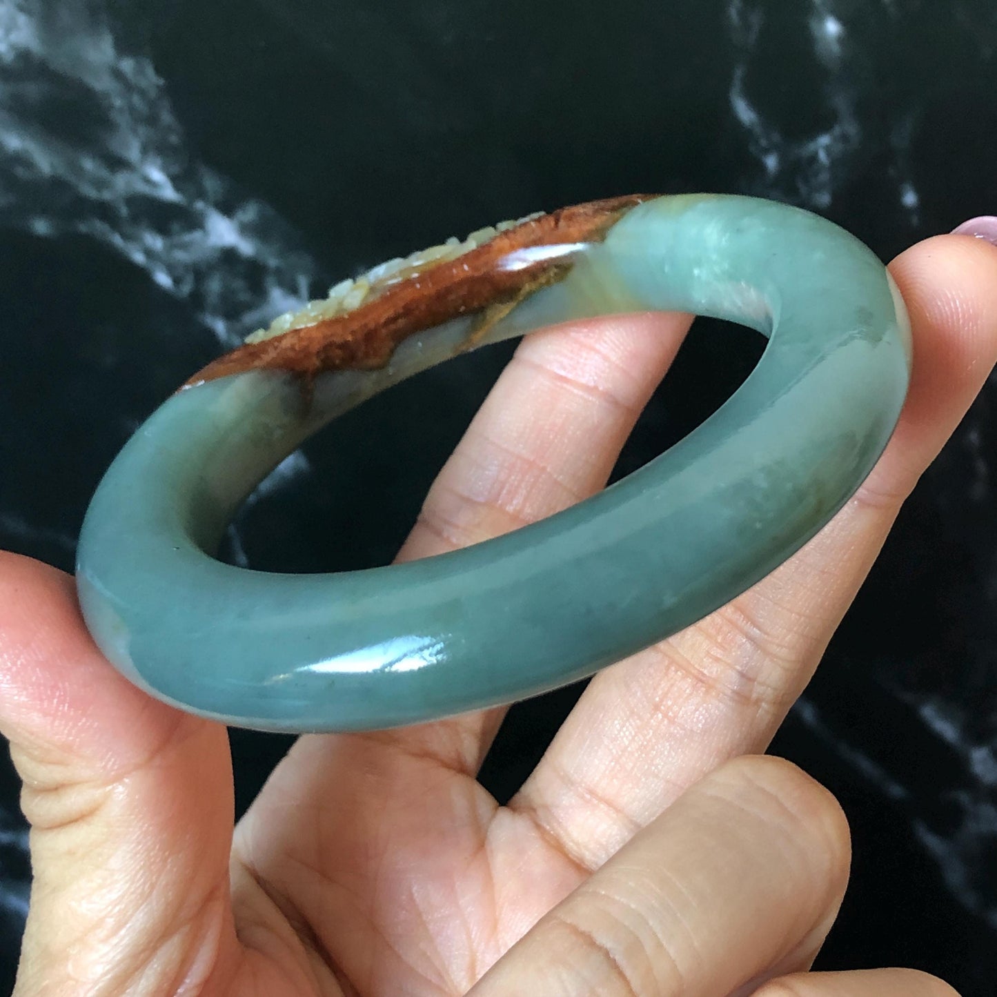 55.4mm Xiu Jade Serpentine Hand Carved Lotus Flower Bangle: Natural Green Brown White Jade Handcrafted Bracelet, Stone Carving Gemstone Jewelry  Gift for her wide jade bangle jade carving hand engraved stone carving natural untreated jade bracelet black jade white jade black jade brown jade handcraft jade lotus carving flower carving chinese jade vintage bangle antique bracelet sesame bracelet multi colour jade