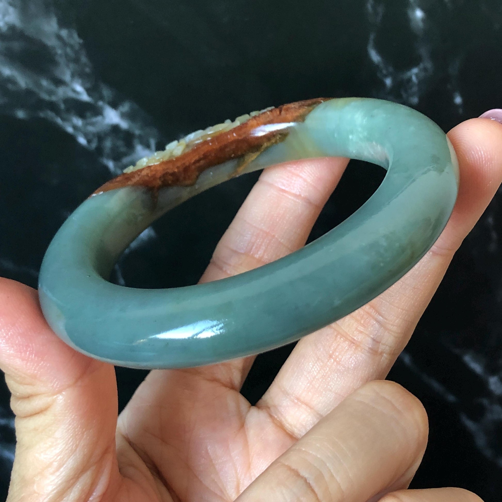 55.4mm Xiu Jade Serpentine Hand Carved Lotus Flower Bangle: Natural Green Brown White Jade Handcrafted Bracelet, Stone Carving Gemstone Jewelry  Gift for her wide jade bangle jade carving hand engraved stone carving natural untreated jade bracelet black jade white jade black jade brown jade handcraft jade lotus carving flower carving chinese jade vintage bangle antique bracelet sesame bracelet multi colour jade